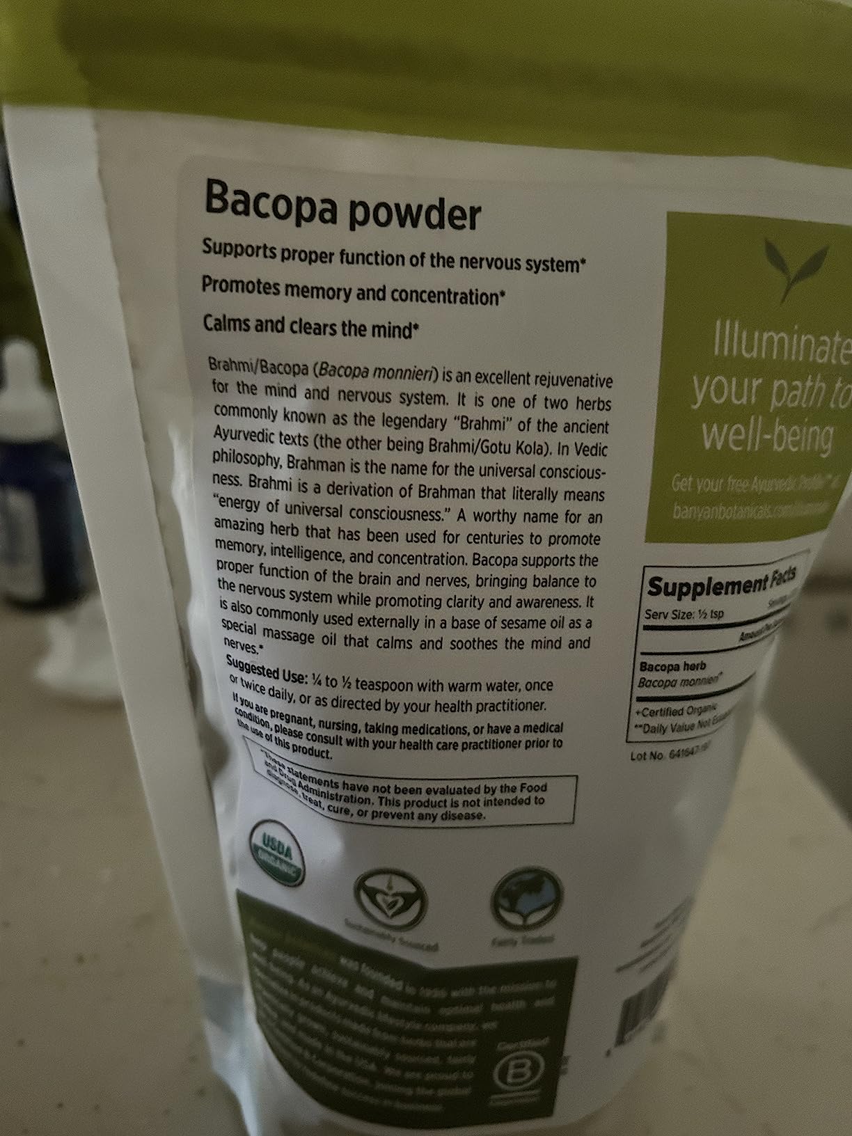 Banyan Botanicals Bacopa Powder - Organic Bacopa Monnieri Supplement - Nootropic Herb - Focus and Concentration Supplements* - 1/2 lb. - Non-GMO Sustainably Sourced Vegan customer photo 1