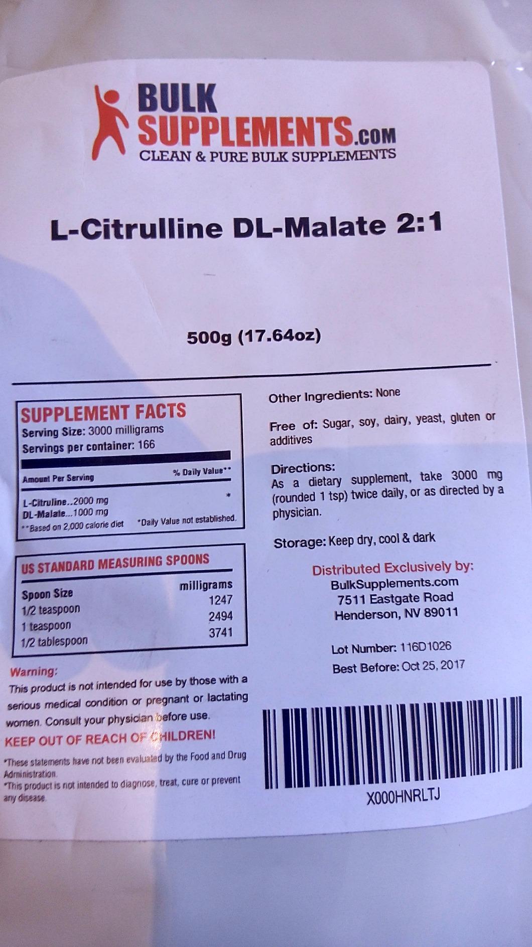 BulkSupplements.com L-Citrulline Malate 2:1 Powder - Nitric Oxide Boost, Citrulline Malate Supplement - Unflavored & Gluten Free - 3g per Servings, 1kg (2.2 lbs) customer photo 1