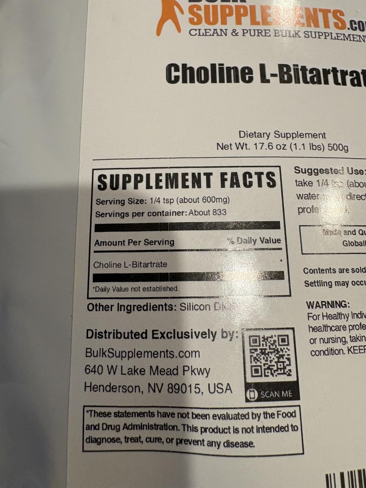 BulkSupplements.com Choline Bitartrate Powder - Choline Supplements - Unflavored & Gluten Free, 600mg per Serving, 500g (1.1 lbs) customer photo 2