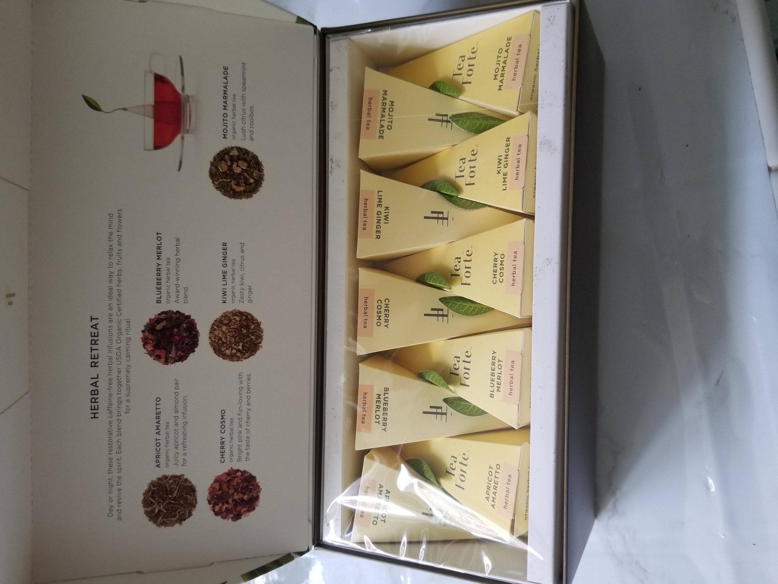 Tea Forte Premium Presentation Box Gift Set Sampler, 20 Count, Assorted Blends Individually Wrapped Handcrafted Pyramid Infuser Bags, Herbal Retreat Tea customer photo 1