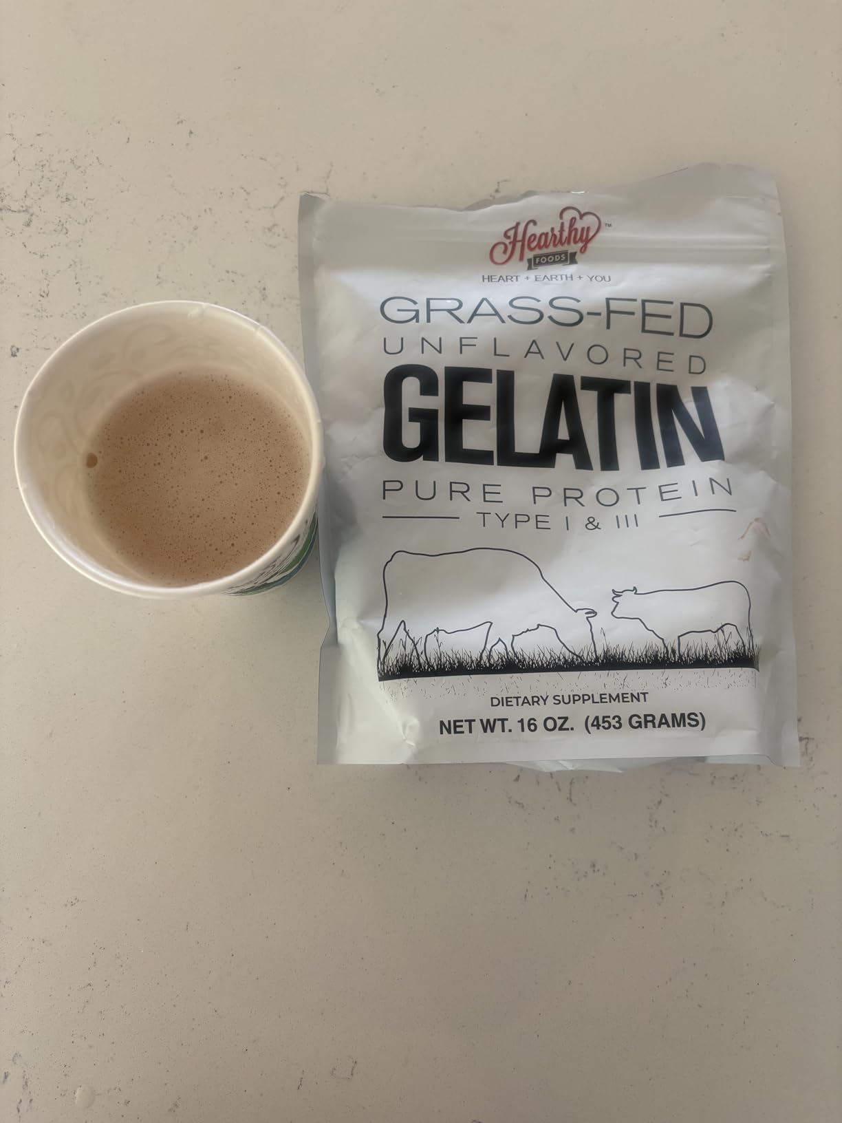Hearthy Foods Beef Gelatin Powder Unflavored Gelatin Powder for Women and Men | Keto and Paleo Friendly Pure Protein Type 1 & 3, Grass-Fed Halal Certified, Non-GMO, Kosher Gelatin | 16 oz. 454g customer photo 1