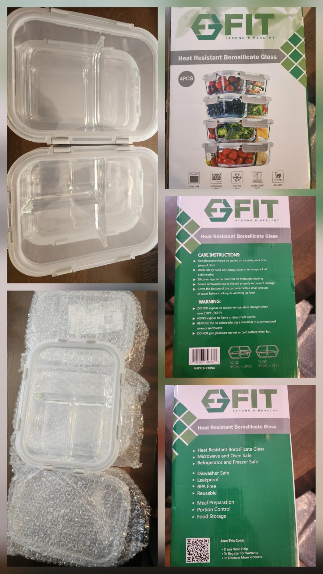 FIT Strong & Healthy Glass Meal Prep Containers, 2 & 3 Compartments - Portion Control, Lunch Container Set, Food Storage, Airtight Lids, Oven & Freezer Safe, Leak-Proof Bento Box, 32 oz, Blue, 4 Pack customer photo 1