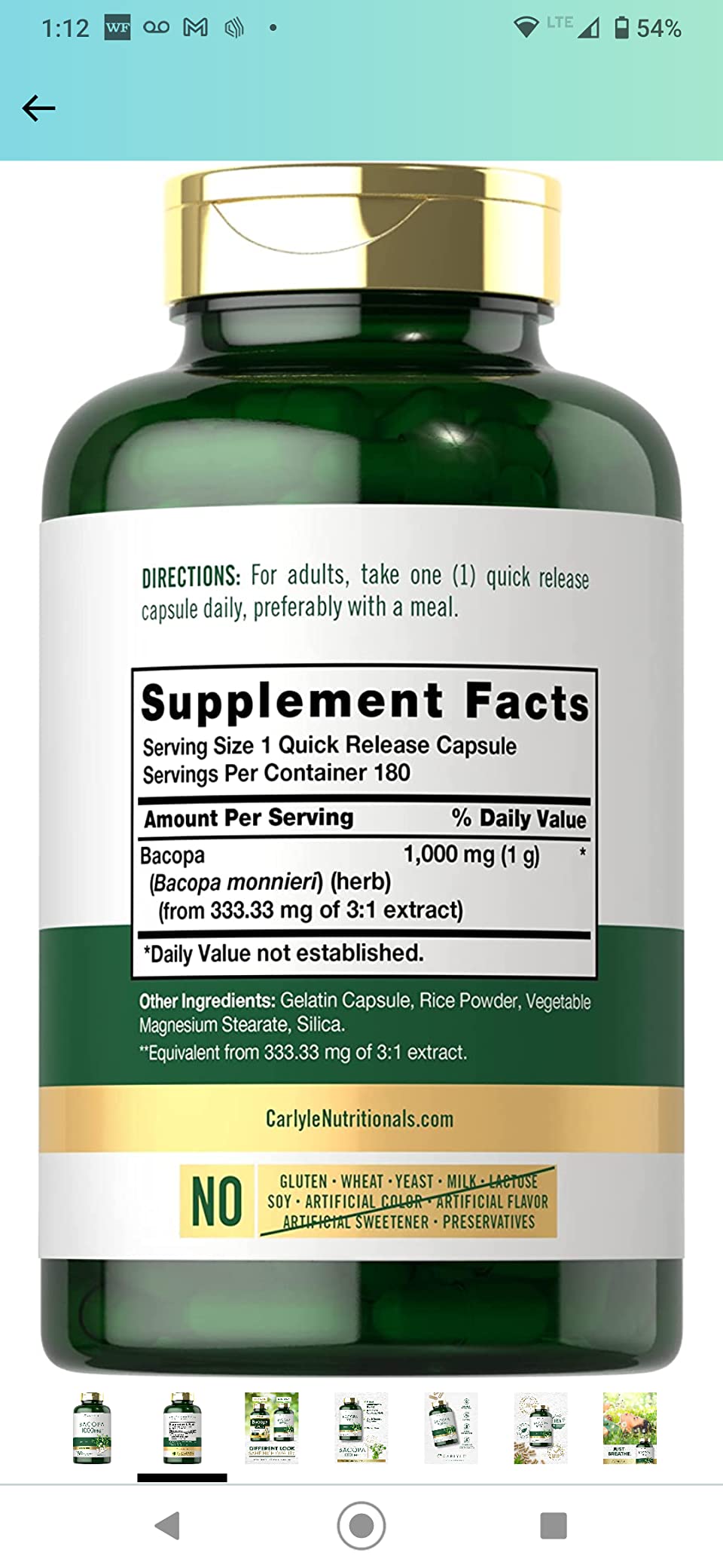 Carlyle Bacopa Monnieri Capsules | 180 Capsules | Gluten Free Supplement customer photo 1