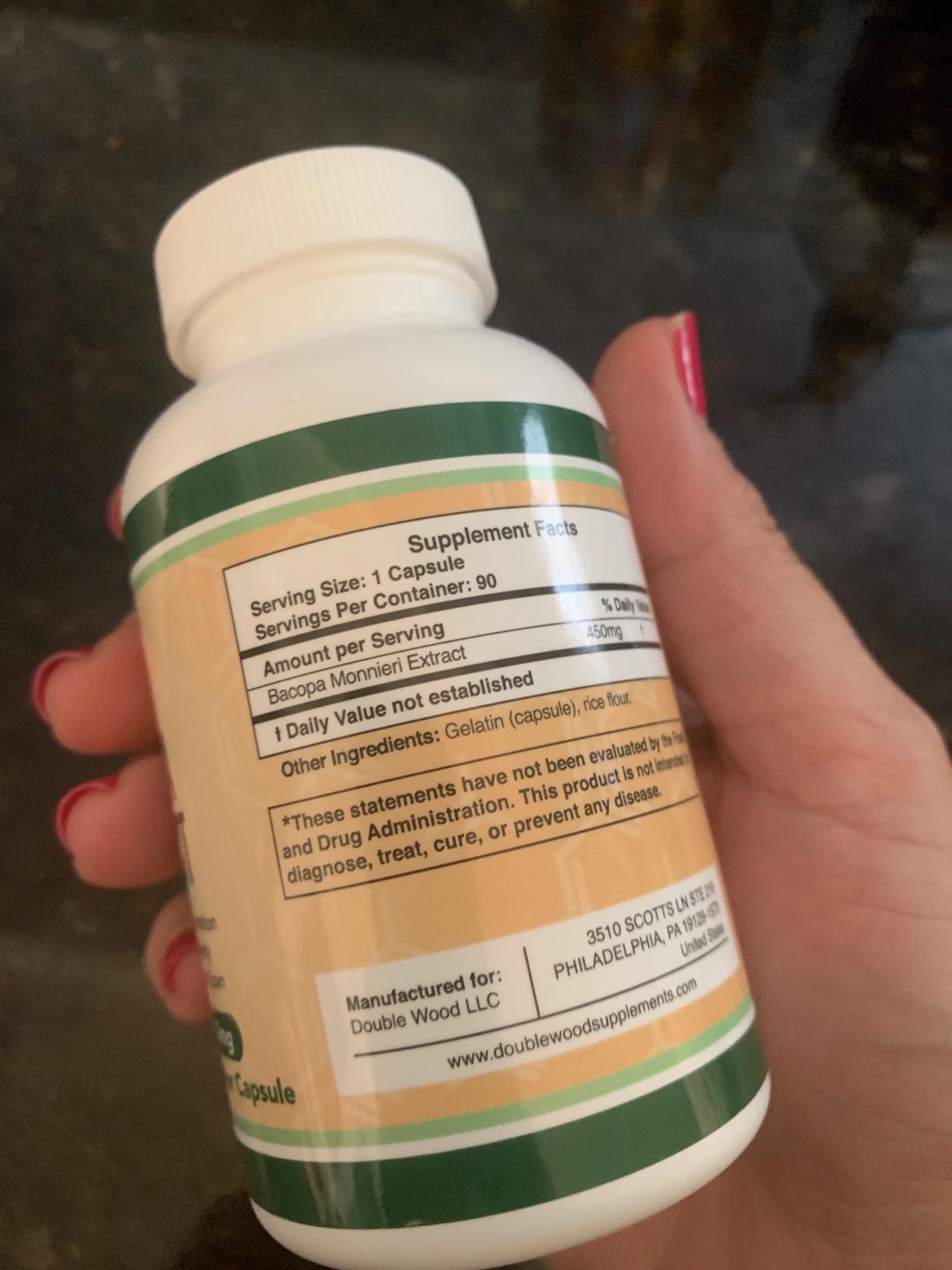 Bacopa Monnieri Capsules 20% Bacosides 450mg, 90 Count (Non-GMO, Gluten Free) Brahmi Extract (Memory Supplement for Brain Health, Focus, and Cognitive Function) by Double Wood customer photo 2