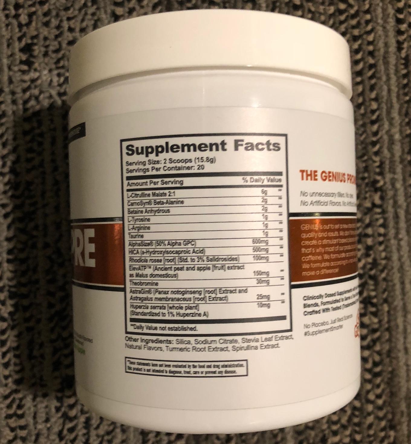 Genius Pre Workout Powder, Sour Apple - All-Natural Nootropic Pre-Workout & Caffeine-Free Nitric Oxide Booster Supplement with Beta Alanine & Alpha GPC - No Artificial Flavors, Sweeteners, or Dyes customer photo 2