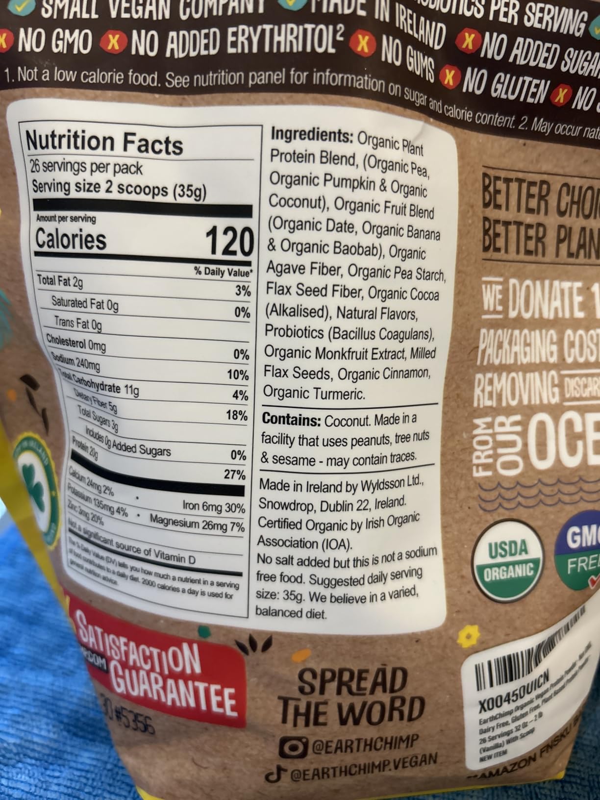 EarthChimp Organic Vegan Protein Powder - with Probiotics - Non GMO, Dairy Free, Non Whey, Plant Based Protein Powder for Women and Men, Gluten Free - 26 Servings 32 Oz (Vanilla) customer photo 2