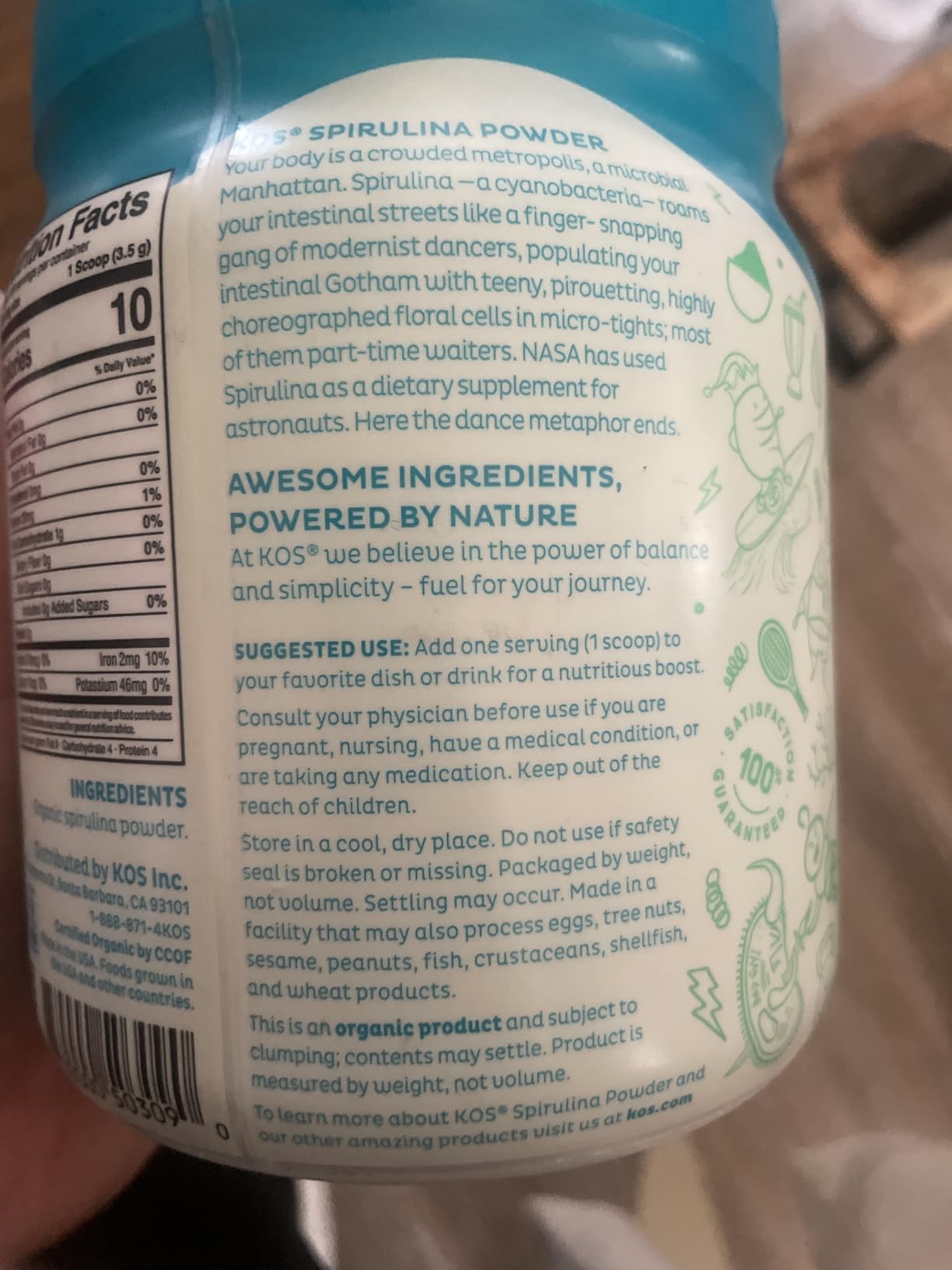 KOS Organic Spirulina Powder - USDA Certified Organic, 109 Servings of Superfood Powder for Smoothies & Juices, Non-Irradiated Blue Green Algae, Plant Based with Antioxidants, Vegan (13.5oz) customer photo 2