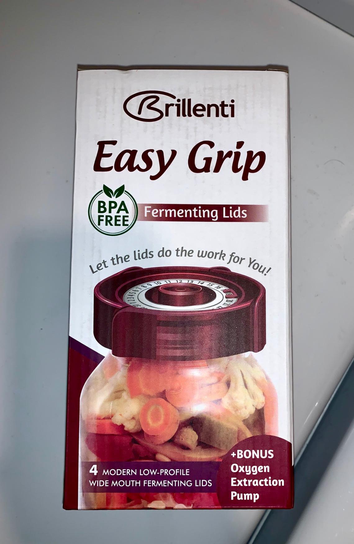 Fermenting Lids for wide mouth mason jars. 4 waterless airlock fermentation lids kit. Easy Grip fermenter lid with Oxygen Pump automatically Vents air. Tracks ferment date. (4 Lids + Pump) customer photo 1