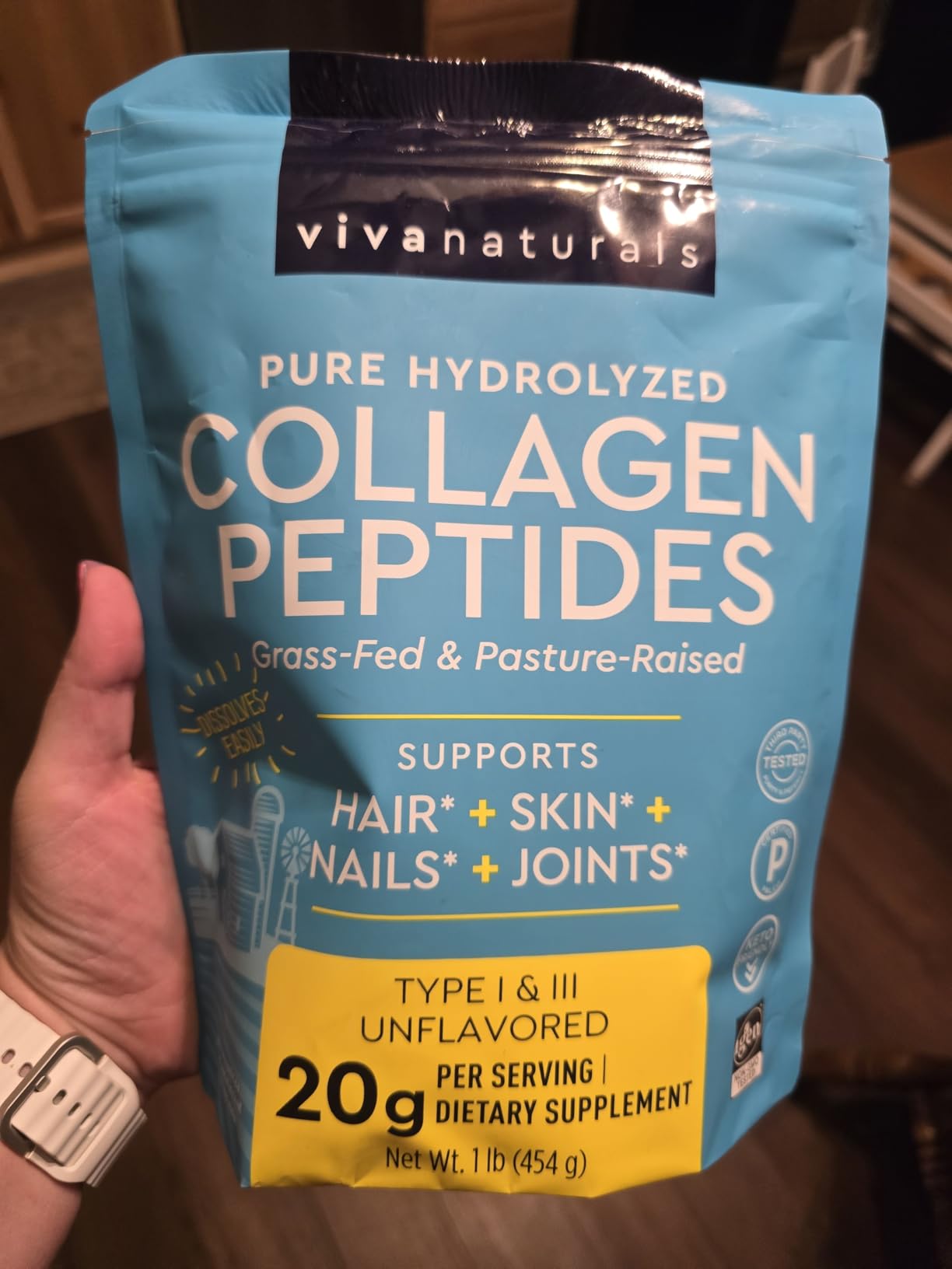 Viva Naturals Collagen Peptides Powder - Grass-Fed Hydrolyzed Bovine, Type I & III - 19 g Protein, Unflavored, Easy Dissolving - Joint, Skin, Hair & Nail Support - Paleo, Keto, Non-GMO - 1lb customer photo 1