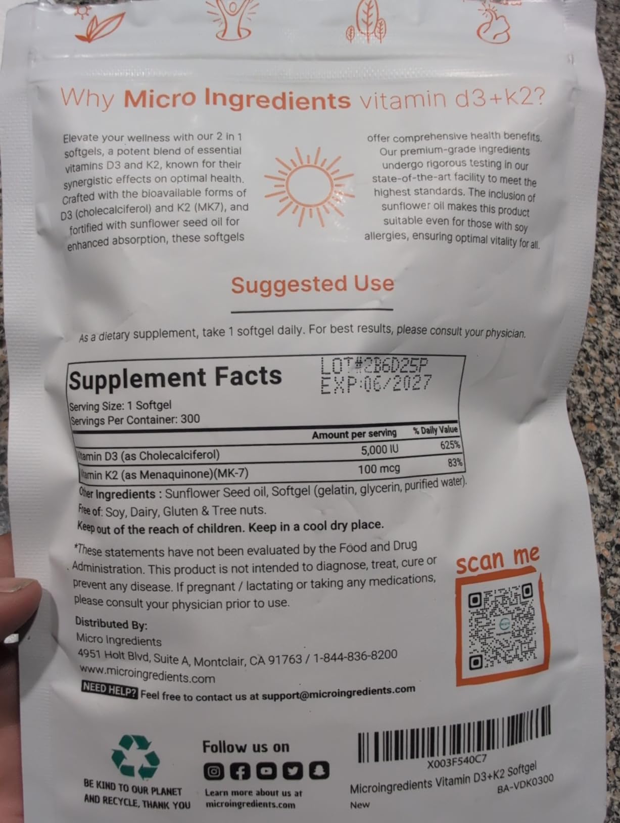 Micro Ingredients Vitamin D3 5,000 IU + K2 MK-7 100 mcg, 300 Softgels | 2-in-1 Vitamins D & K Complex | Extra Strength, Easy to Swallow, Non-GMO, Gluten Free customer photo 1