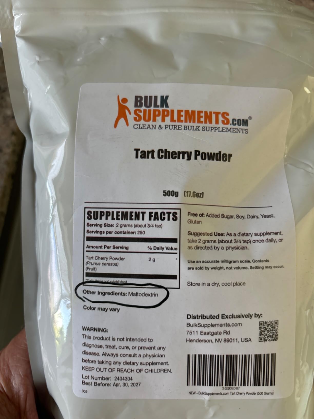 BulkSupplements.com Tart Cherry Powder - Fruit Powder, Tart Cherry Supplements - Antioxidant Source, Gluten Free & No Added Sugar, 2g per Serving, 250g (8.8 oz) customer photo 2