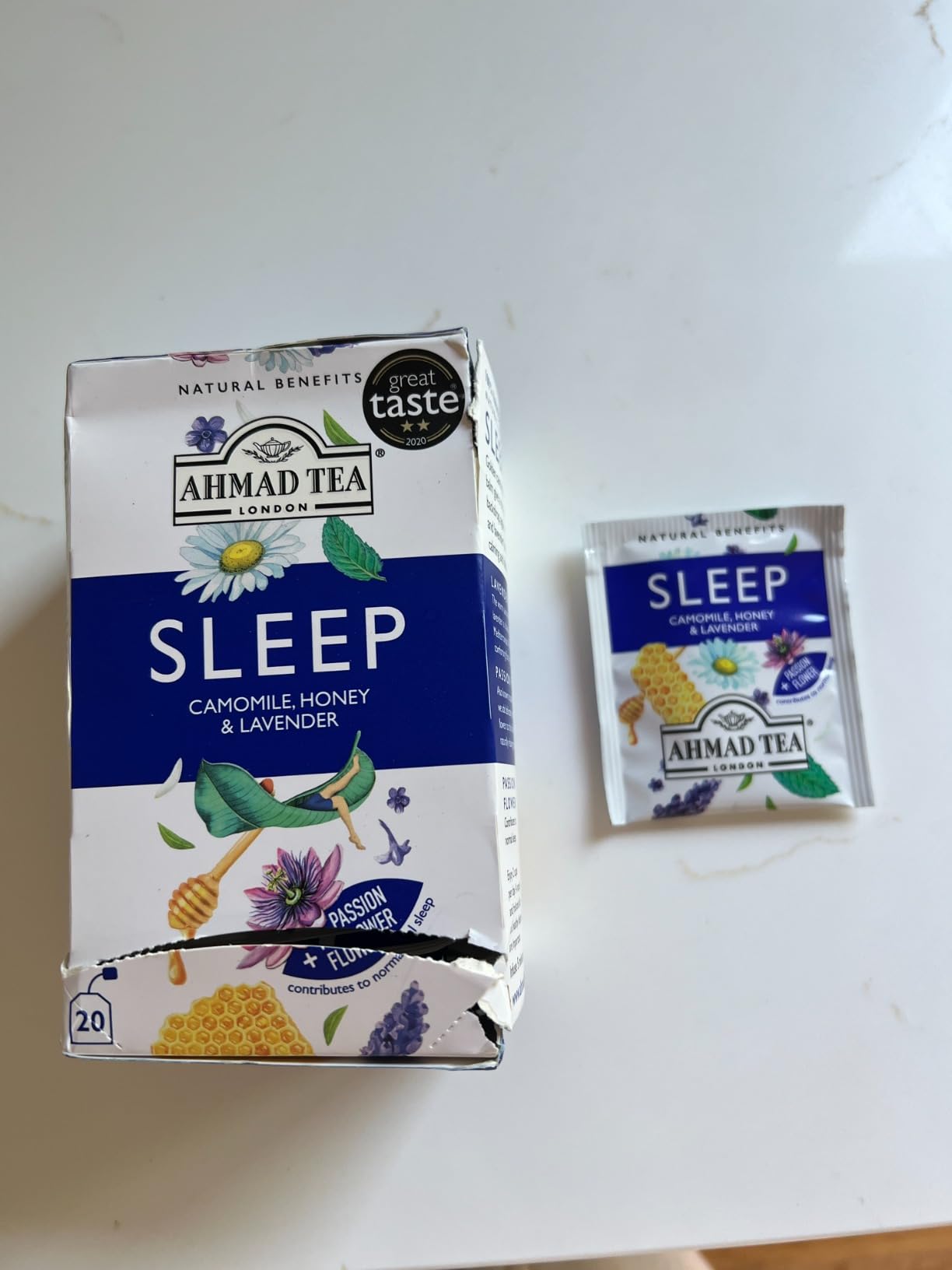 Ahmad Tea Herbal Tea, Camomile, Honey, & Lavender 'Sleep' Natural Benefits Teabags, 20 ct (Pack of 1) - Decaffeinated & Sugar-Free customer photo 1