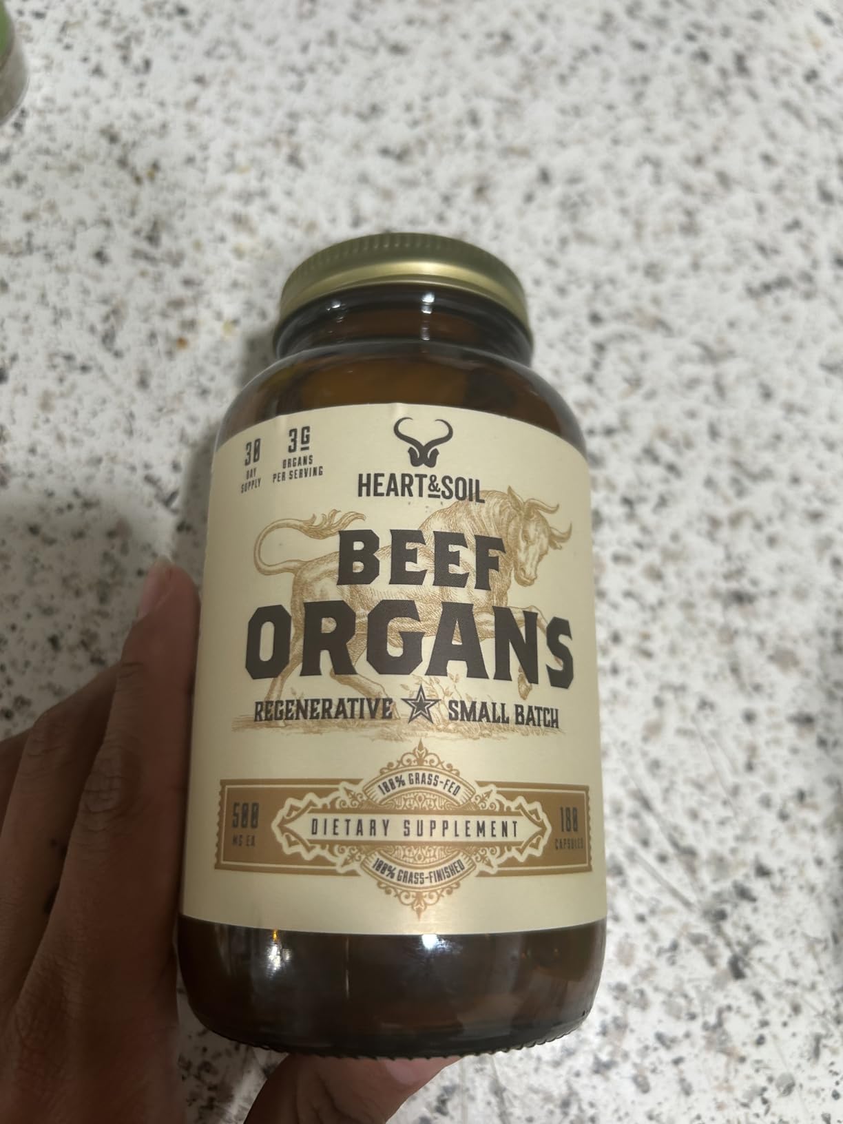 HEART & SOIL - 100% Grass Fed & Finished Beef Organs from Regenerative Cattle with Liver, Heart, Kidney, Pancreas & Spleen - 3000mg Beef Organ Supplement for Women & Men - Glass Bottle - 180 Capsules customer photo 1