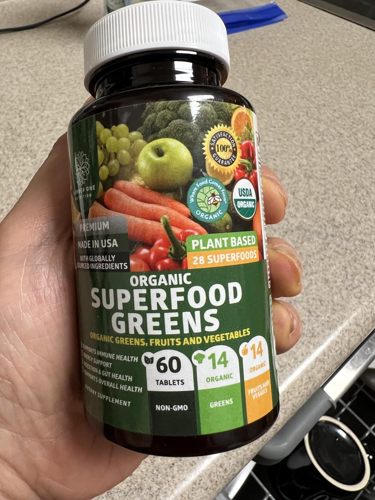 Number One Nutrition USDA Organic and Easy-to-Take Super Greens, Better Than Powder Fruits & Veggies Supplement with 28 Superfood Ingredients Like Alfalfa, Beet Root and Ginger, 60 Tablets customer photo 1