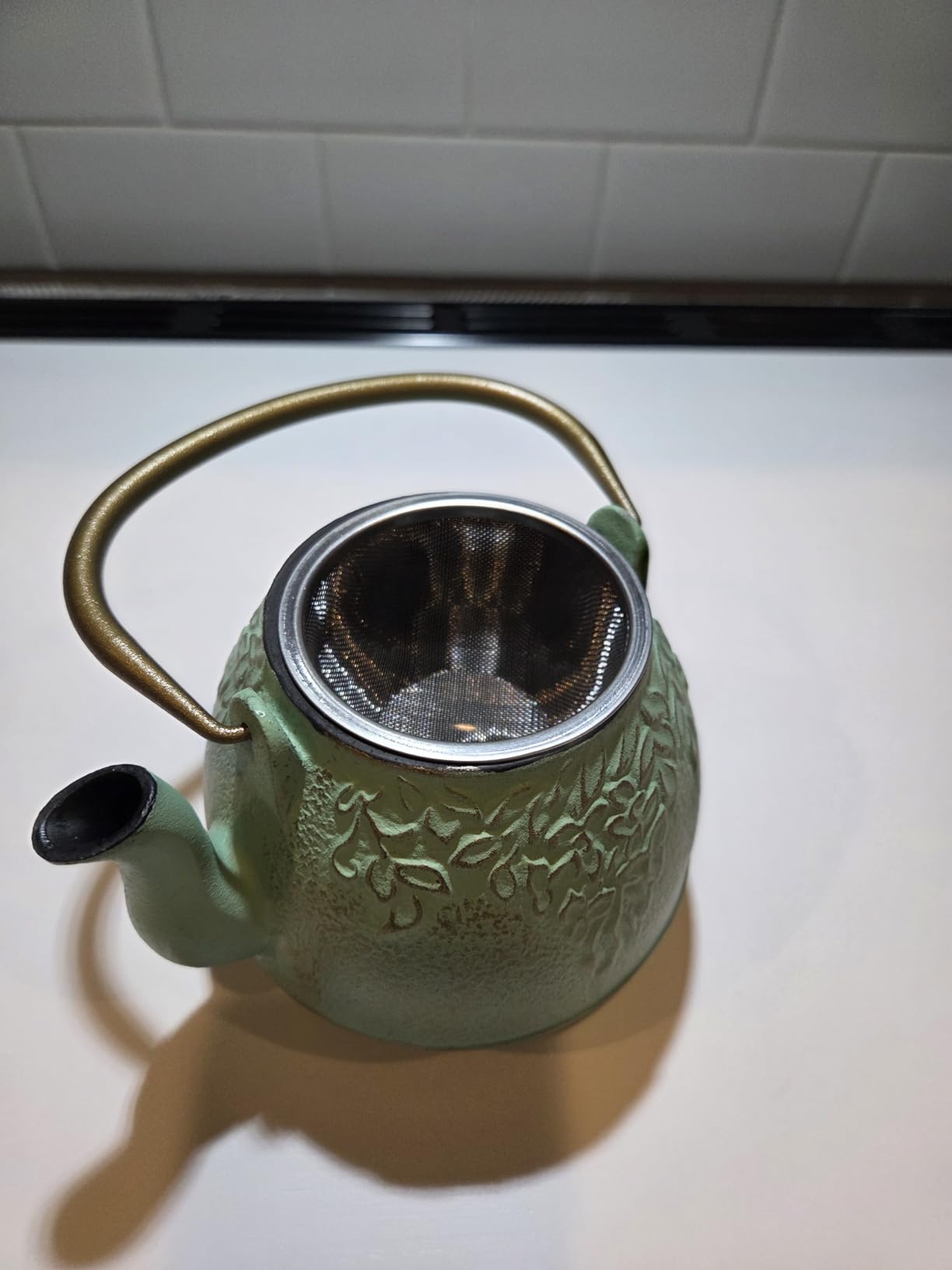 Tea Kettle, TOPTIER Japanese Cast Iron Teapot with Infuser, Leaf Design Cast Iron Tea Pot Stovetop Safe Coated with Enameled Interior for 40 Ounce (1200 ml), Dark Green customer photo 2