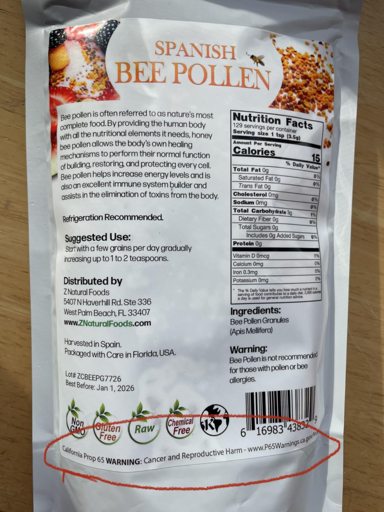 Z Natural Foods Spanish Bee Pollen Granules - Pure & Raw Pollen Granule, Product of Spain - Nutrient-Dense for Energy & Immune Support - Aromatic Sweet Flavor, Sprinkle on Salads & Smoothies, 1lb customer photo 2