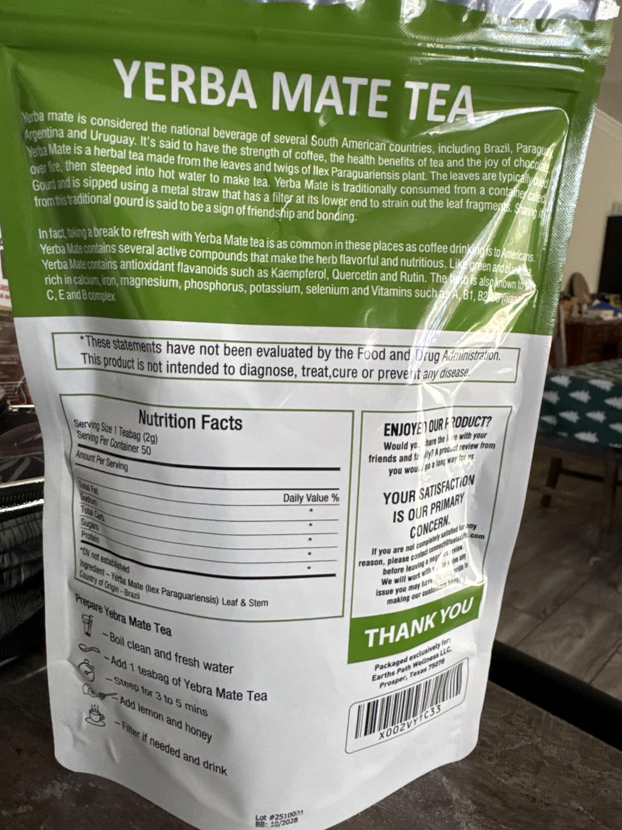 Yerba Mate Tea Bags | Premium Unsweetened Yerba Mate | Chlorogenic Acid Tea | Natural Energy Boost | 50 Tea Bags customer photo 1