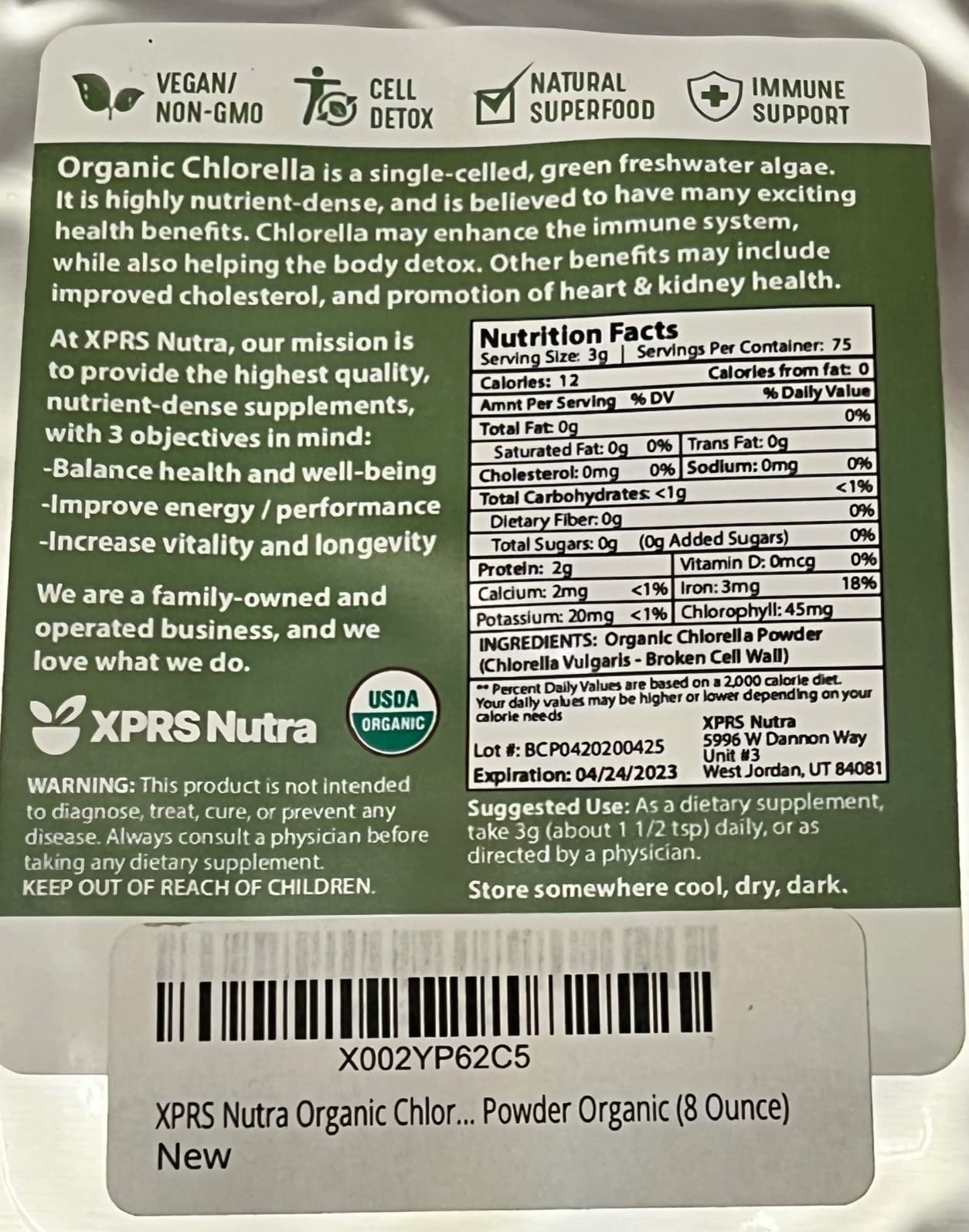 XPRS Nutra Chlorella Powder - Broken Cell Wall Chlorophyll Powder - Chlorella Powder for Immunity - Vegan Friendly Complete Protein (4 Ounce) customer photo 2