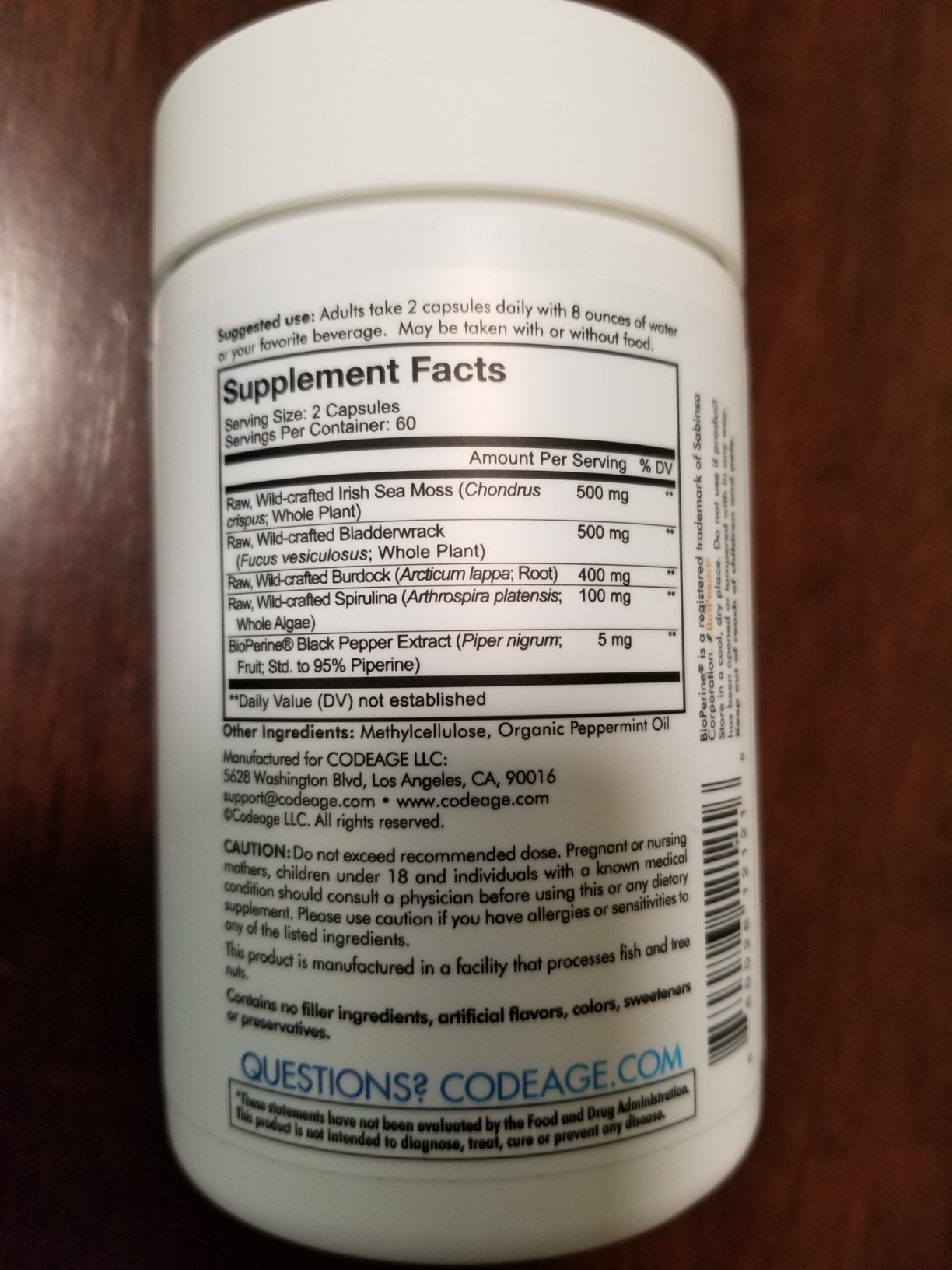 Codeage Raw Wildcrafted Irish Sea Moss Supplement, Spirulina Algae, Bladderwrack Seaweed, Burdock Root, Black Pepper, Vegan, Non-GMO, 120 Capsules customer photo 2