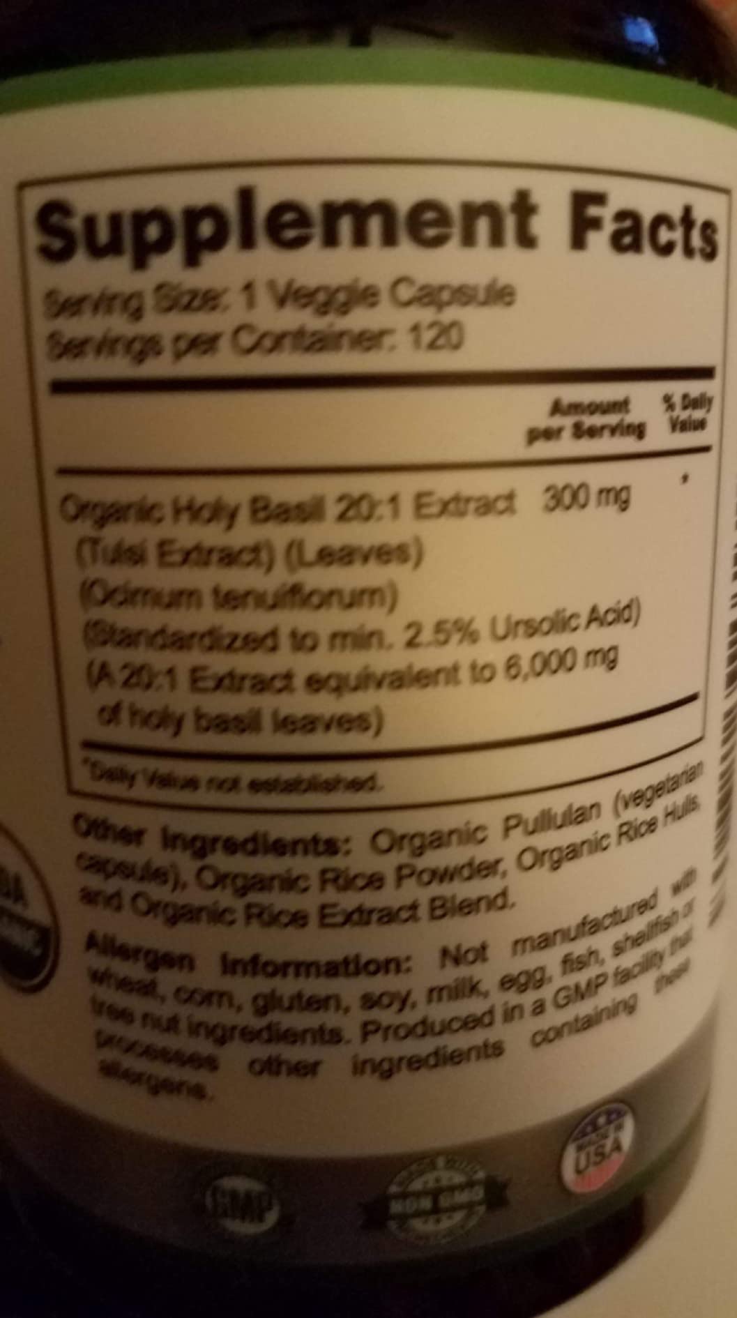 Zazzee USDA Organic Holy Basil 10:1 Extract, 120 Vegan Capsules, 4 Month Supply, Tulsi Extract, Ursolic Acid, Ocimum Tenuiflorum, Antioxidant & Stress Support, All-Natural, Non-GMO, Made in the USA customer photo 1