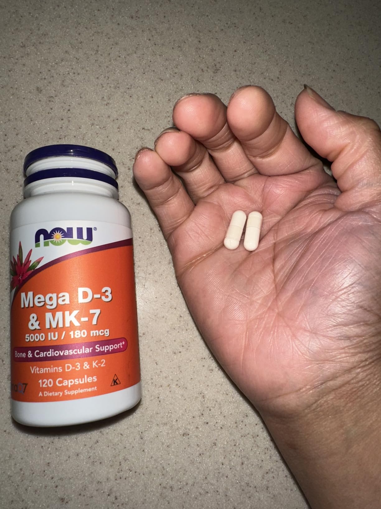 NOW Supplements, Mega D-3 & MK-7, 5000 IU / 180 mcg, Bone & Cardiovascular Support, Vitamins D-3 & K-2, 120 Capsules customer photo 1