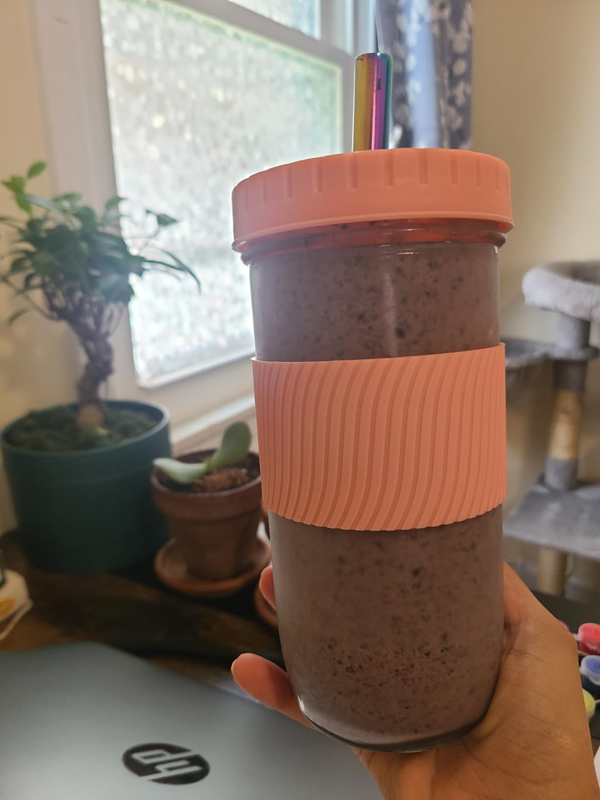 Amyoole 2 Pack Reusable Boba Cup, 24Oz Wide Mouth Smoothie Cup, Mason Jar Glass Cups with Lids and Straws, Bubble/Boba Tea Cups, Ice Coffee Tumbler (Black) customer photo 1