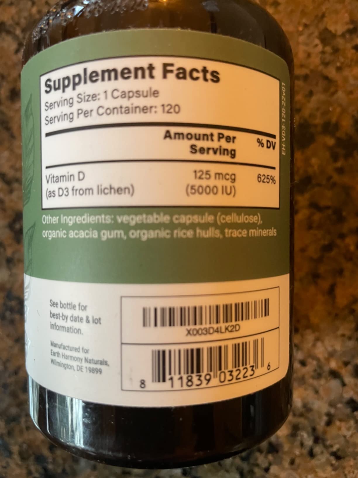 Earth Harmony Naturals Vegan Vitamin D3 5000 iu Supplement - Pure, High Potency Supplements for Immune Health & Strong Bones Support - Vitamin D 5000 iu - 120 Capsules, 4-Month Supply customer photo 2
