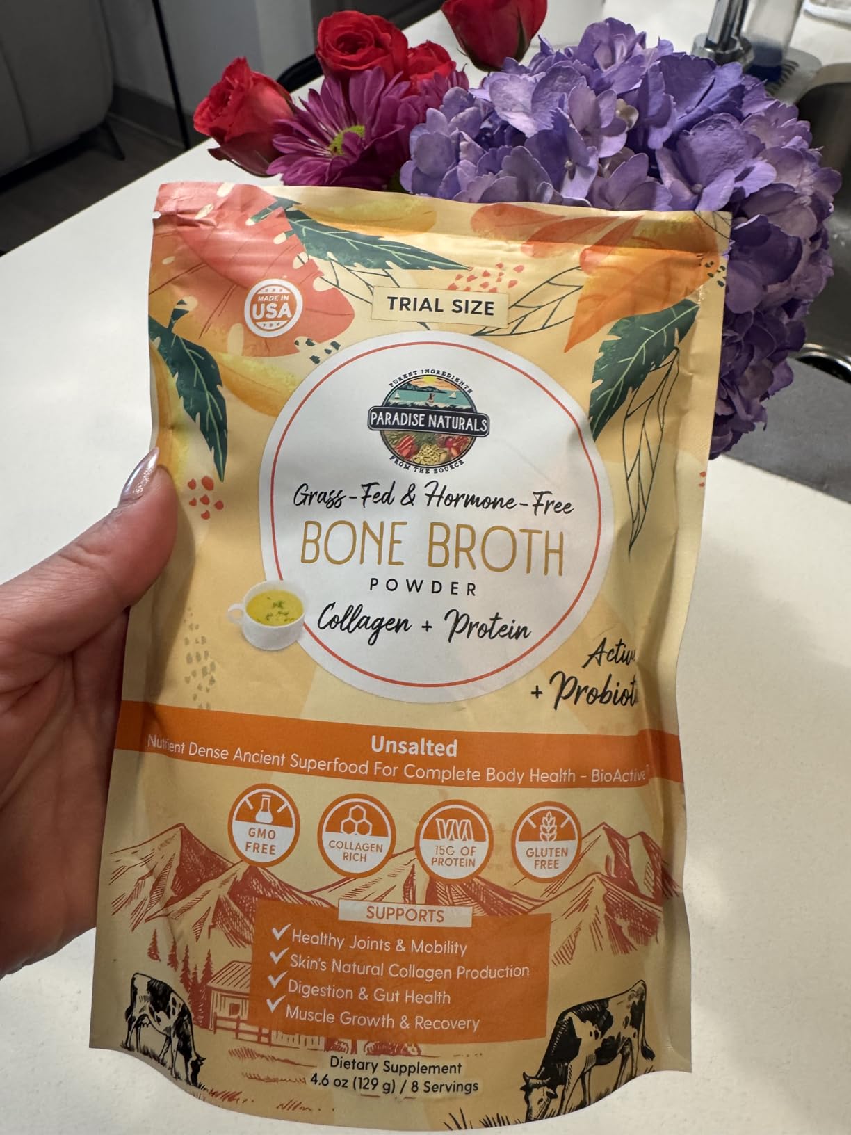 Paradise Naturals 100% Grass-Fed Natural Beef Bone Broth Powder + Active Probiotics, Collagen, 15g Protein, Non-GMO, Low Sodium, Gut Health, Paleo, Keto, Gluten-Free, for Healthy Skin, Hair, Joints customer photo 2