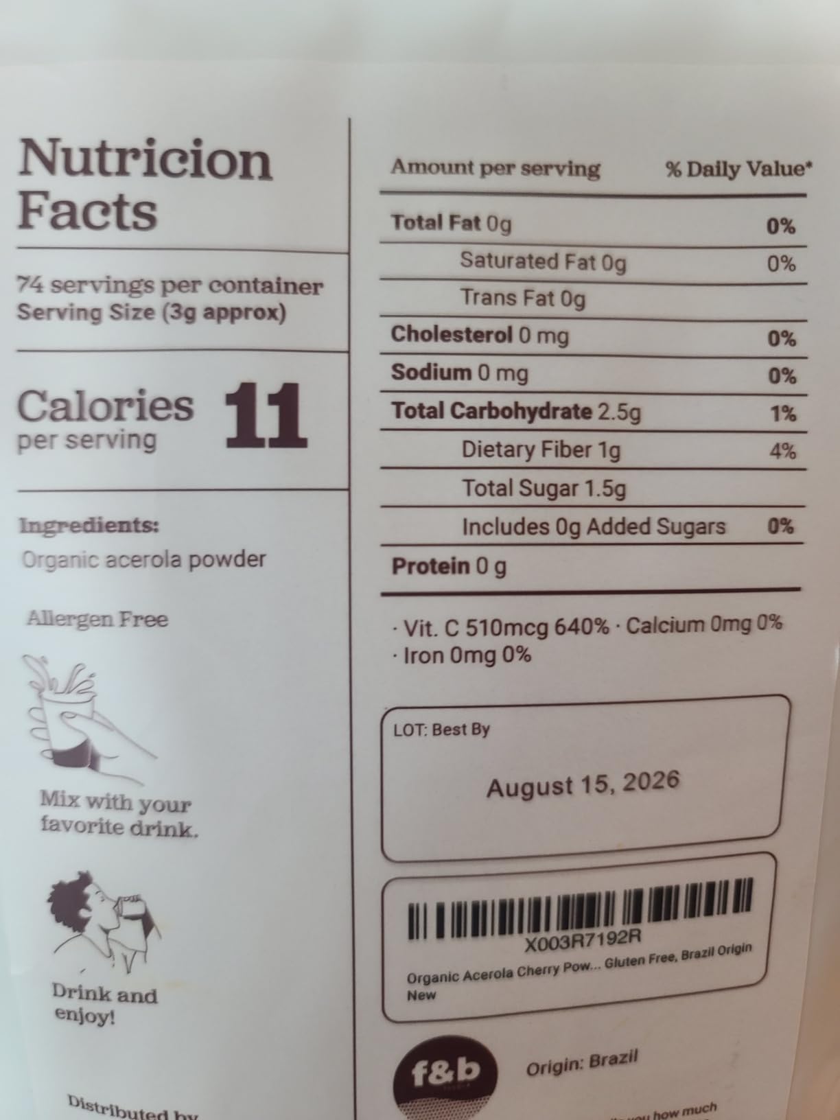 Pure Organic Acerola Cherry Powder Freeze Dried (8oz), Organic Vitamin C Powder for Immune System Booster, Smoothie, Cherry Juice, acerola Vitamin c Bulk Powder, Brazil Origin. customer photo 1