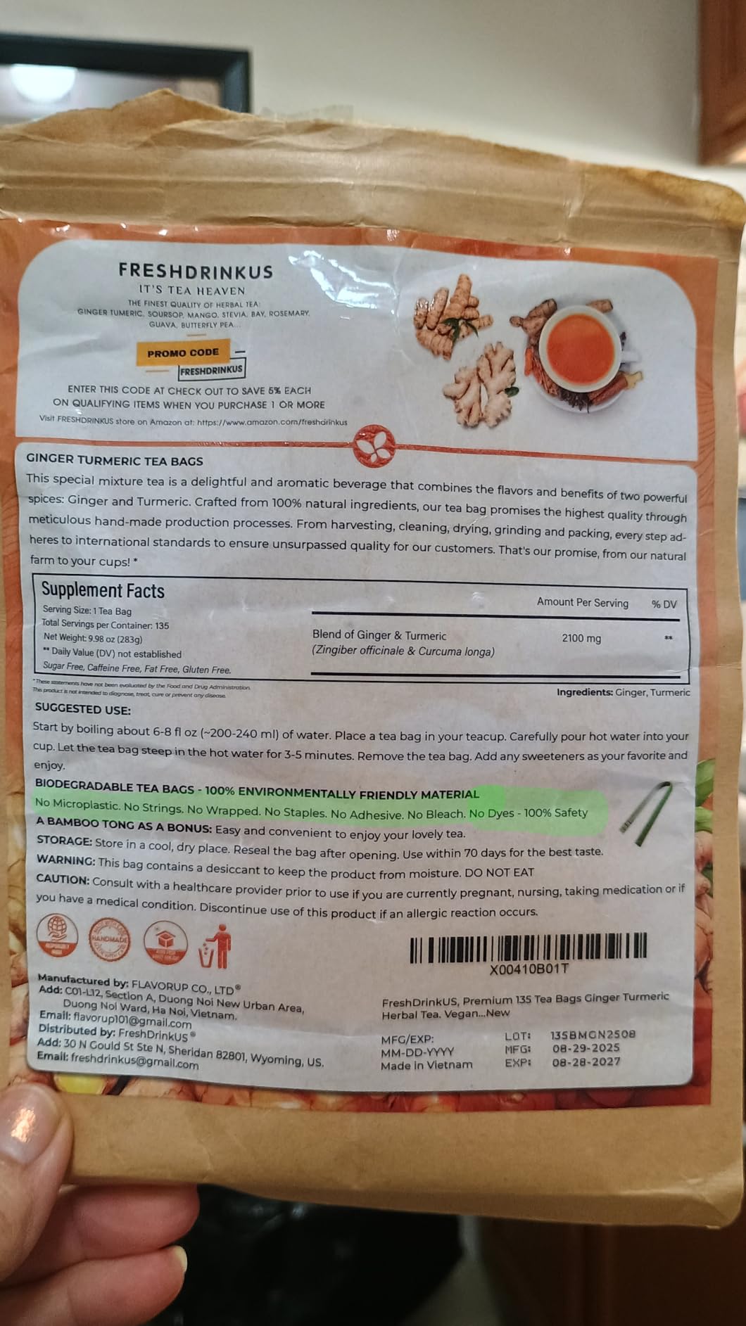 FreshDrinkUS, 150 Premium Ginger Tea Bags, Non GMO, 100% Natural & Pure from Ginger Root, Root Herbal Tea. No Sugar, No Caffeine, No Gluten, Vegan. Support Stronger Digestion, Pleasantly Spicy & Warming customer photo 1