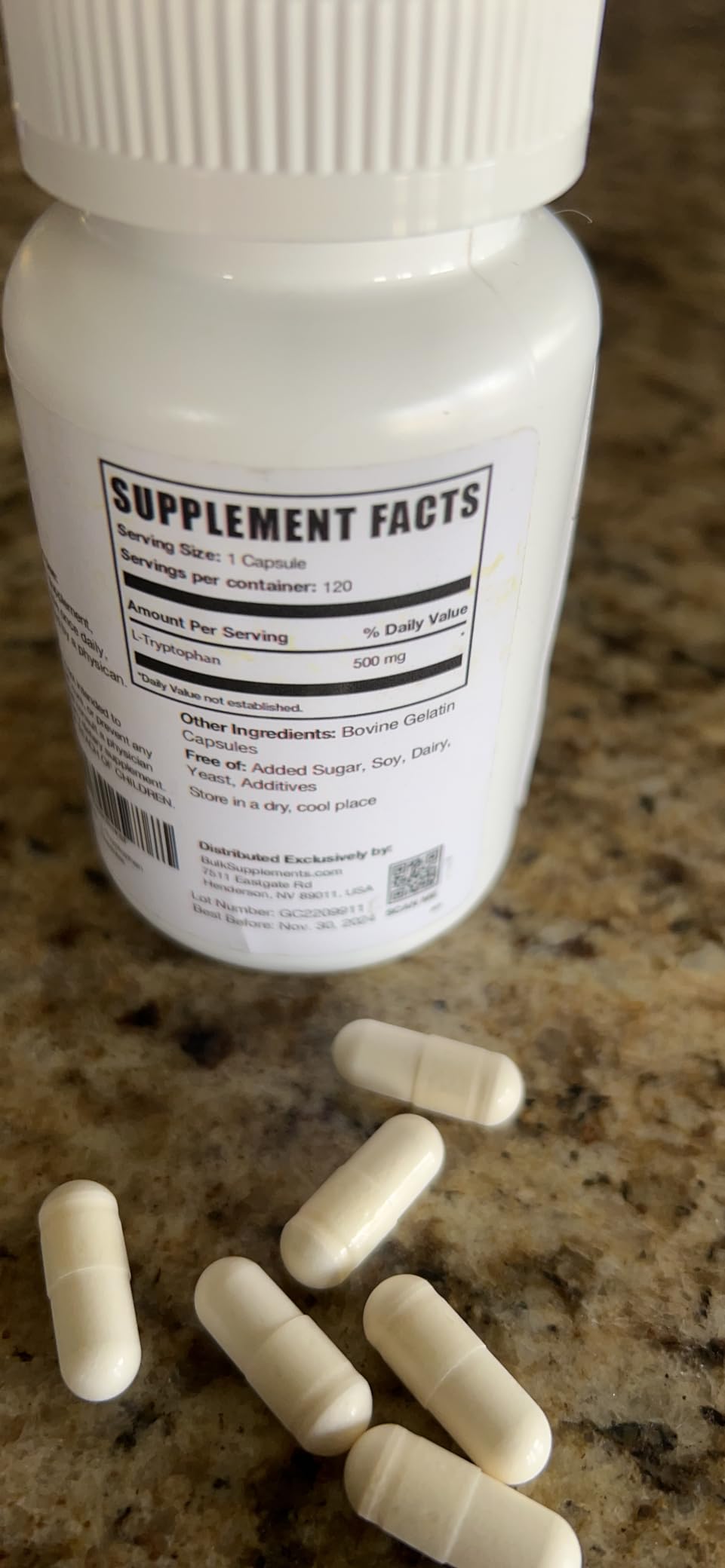 BulkSupplements.com L-Tryptophan Capsules - Tryptophan Supplement, L-Tryptophan 500mg - Amino Acid Supplement, Gluten Free - 1 Capsule per Serving, 240 Capsules (Pack of 1) customer photo 2