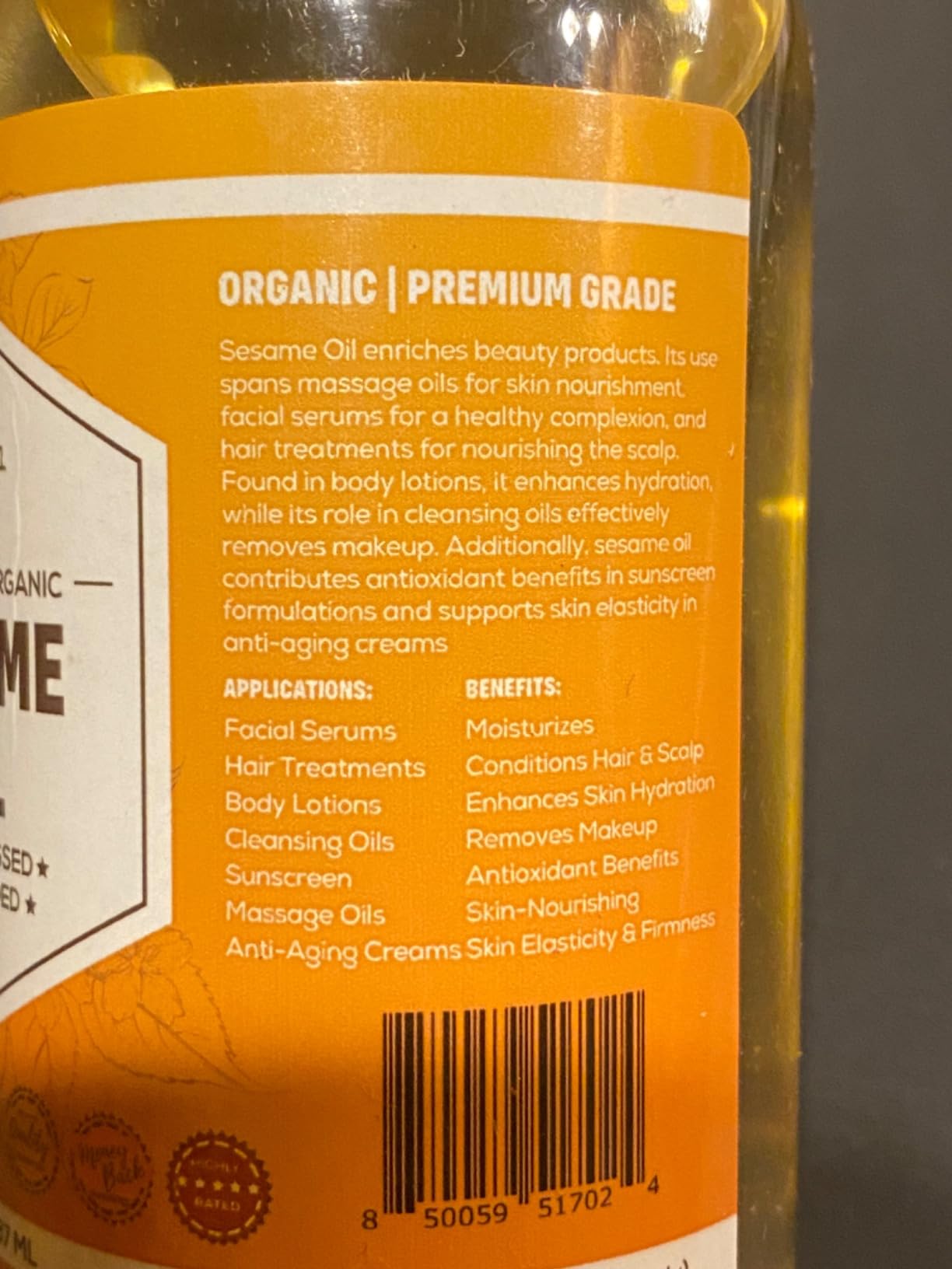 ORGANIC SESAME OIL (8 oz) Premium Cold Pressed Unrefined | 100% Pure Sesame Oil for Skin, Face, Hair, Soap Making | Carrier for Essential Oils | Available in Bulk | 8 FL OZ customer photo 1