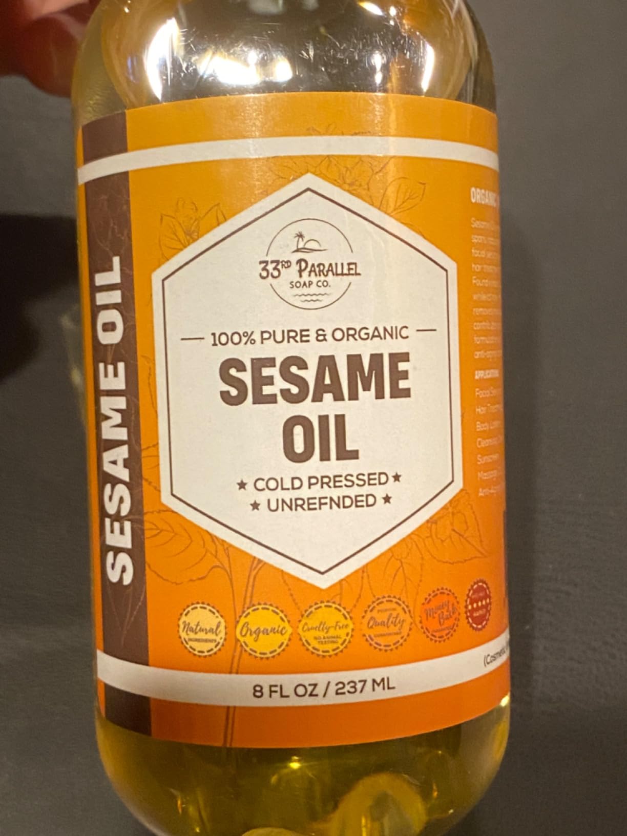 ORGANIC SESAME OIL (8 oz) Premium Cold Pressed Unrefined | 100% Pure Sesame Oil for Skin, Face, Hair, Soap Making | Carrier for Essential Oils | Available in Bulk | 8 FL OZ customer photo 2