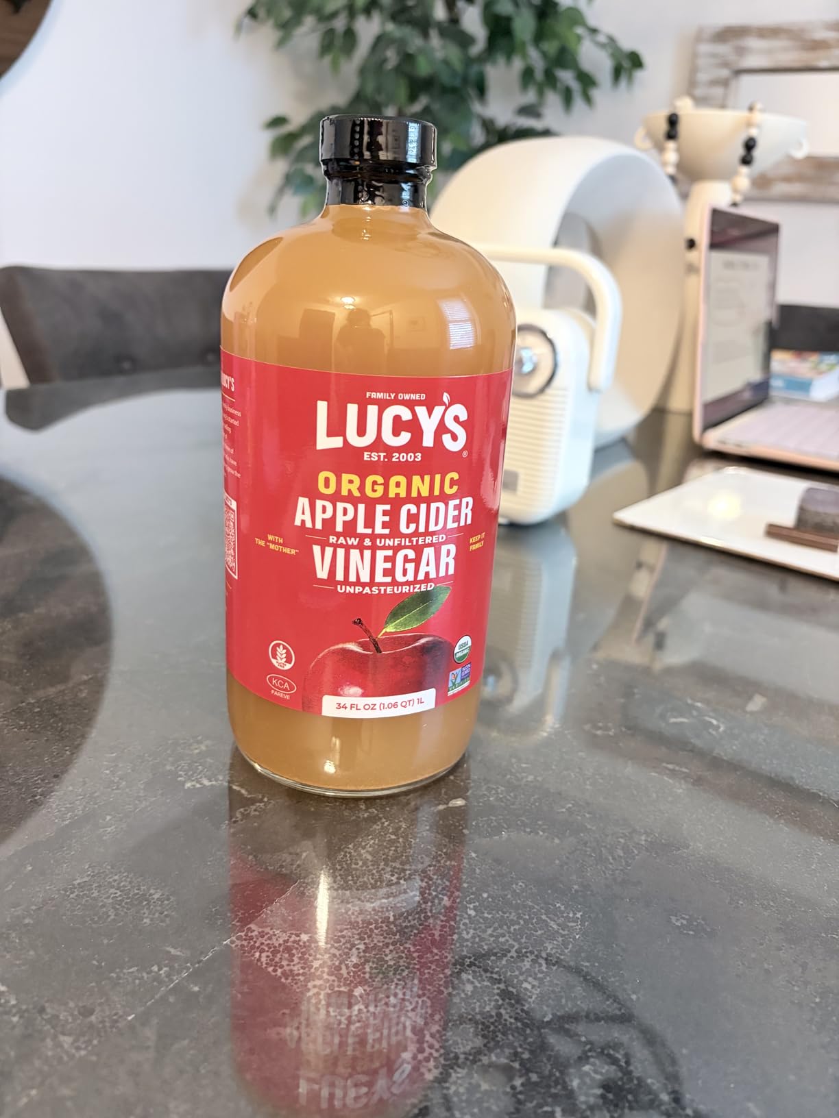 Lucy's Family Owned - USDA Organic NonGMO Raw Apple Cider Vinegar, Unfiltered, Unpasteurized, With the Mother, 34oz GLASS Bottle customer photo 2