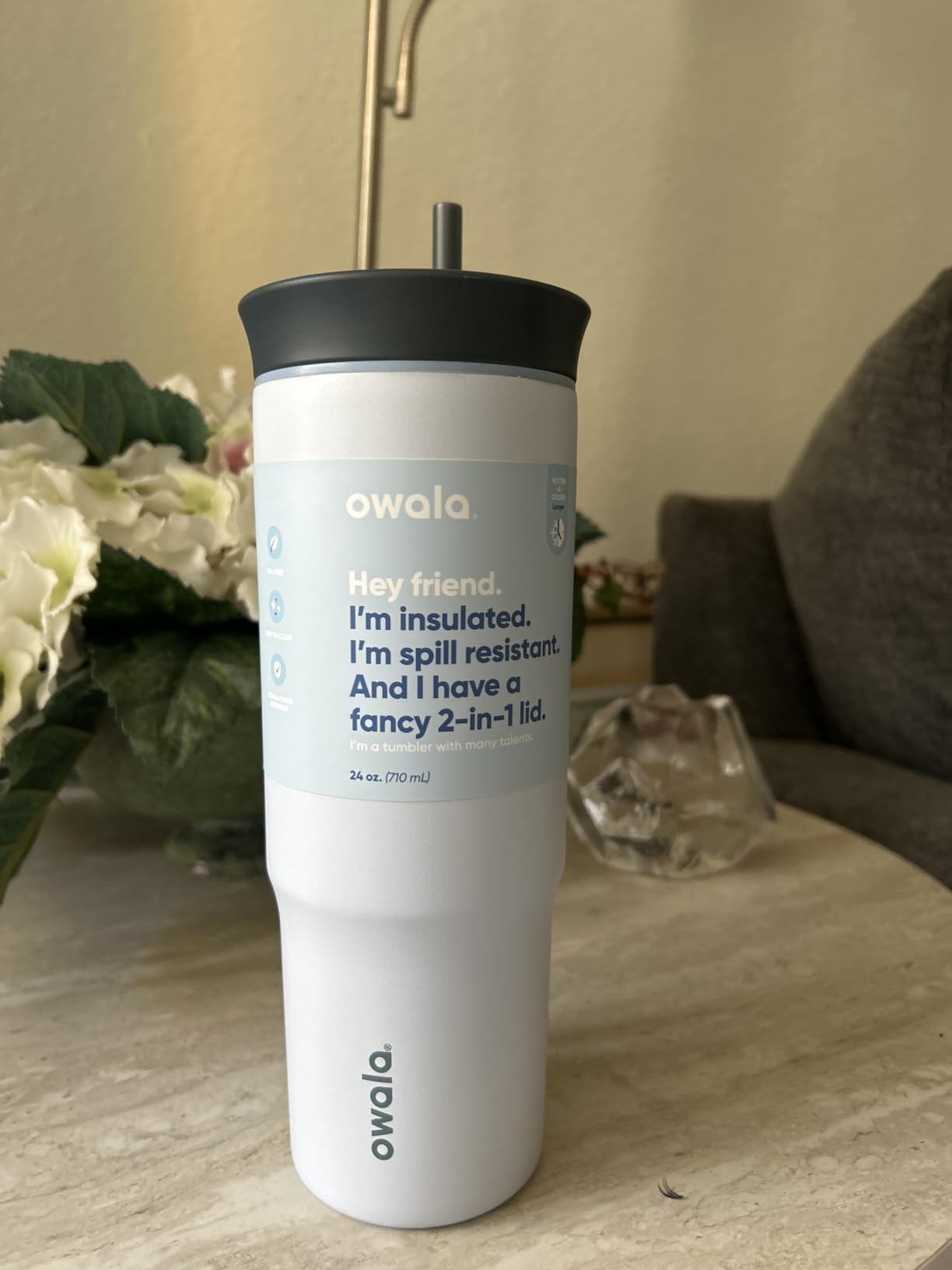 Owala Stainless Steel Triple Layer Insulated Travel Tumbler with Spill Resistant Lid and Straw, BPA Free, 24 oz, Grey/Blue (The Great Blue) customer photo 1