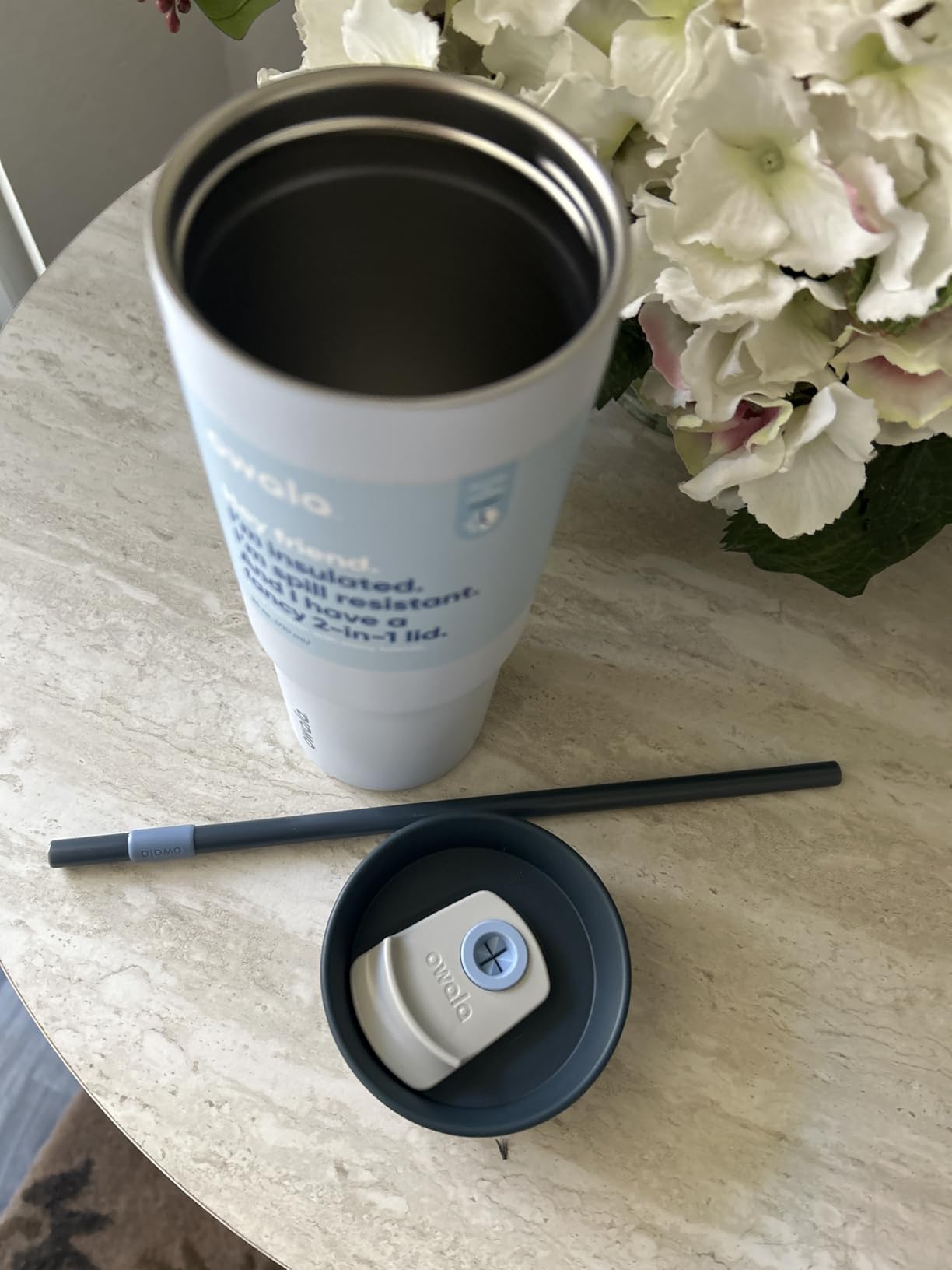 Owala Stainless Steel Triple Layer Insulated Travel Tumbler with Spill Resistant Lid and Straw, BPA Free, 24 oz, Grey/Blue (The Great Blue) customer photo 2