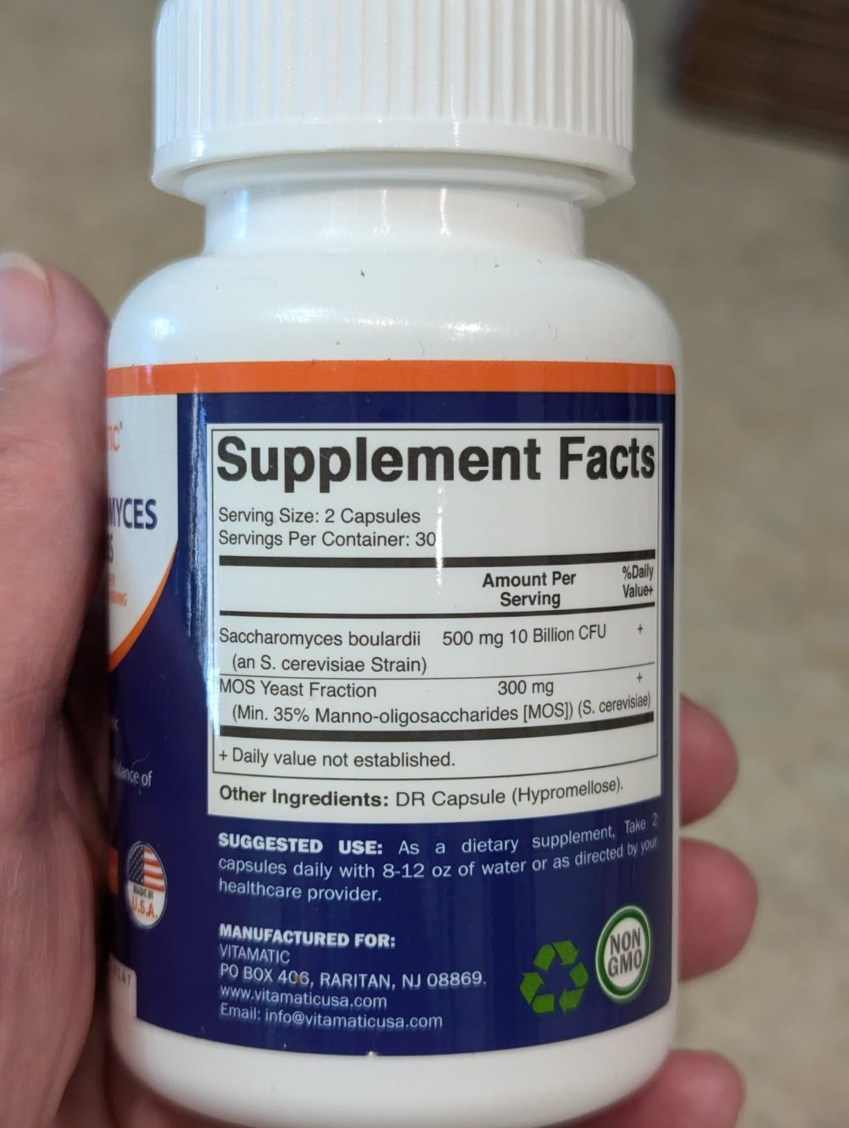 Vitamatic Saccharomyces Boulardii Probiotic 10B per Serving + Yeast Extract (MOS Yeast Fraction) 300 mg - 60 DR Capsules - Made in the USA customer photo 2