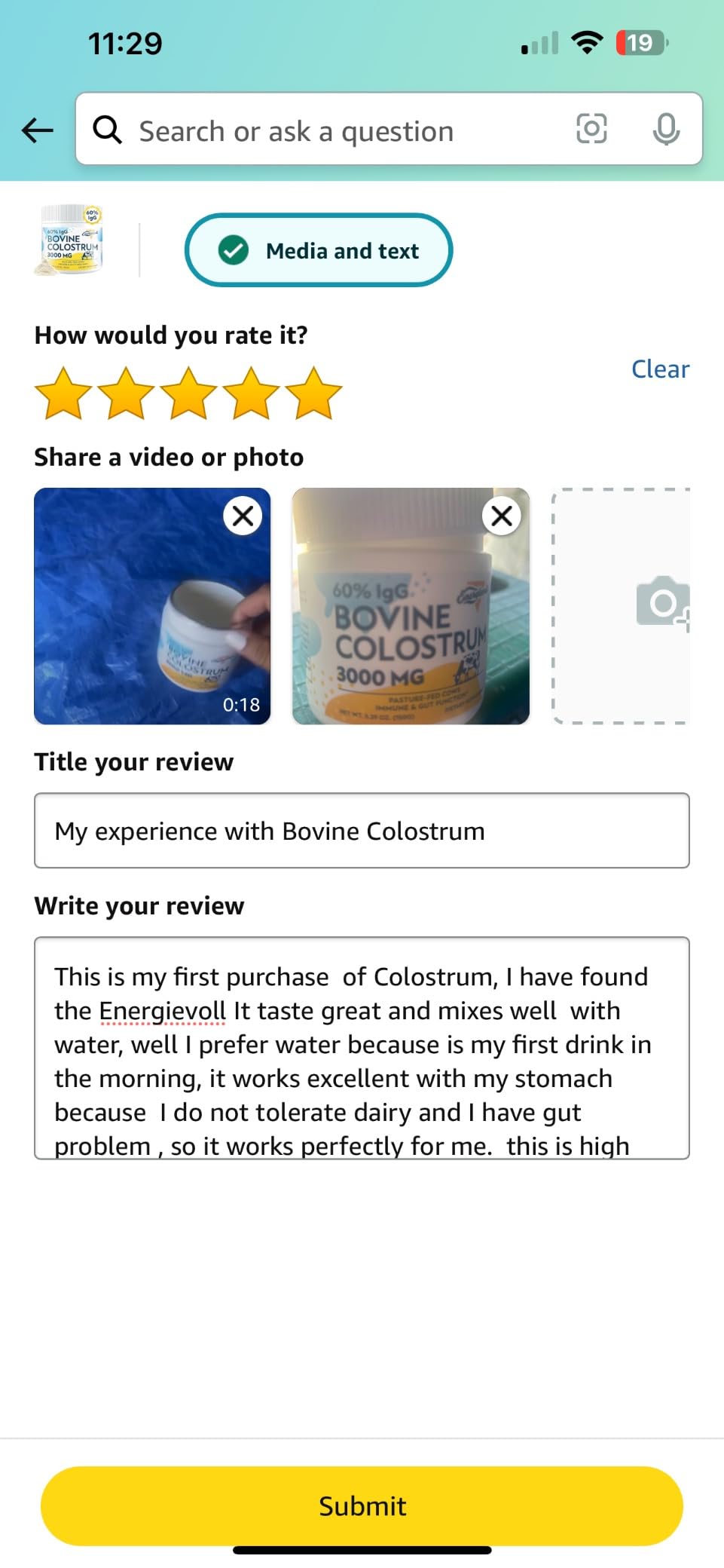 Energievoll Bovine Colostrum Supplement Powder - 60% IgG 3000 mg for Gut, Hair Growth, Beauty, and Immune, Easy to Mix, Unflavored (50 Servings) customer photo 2