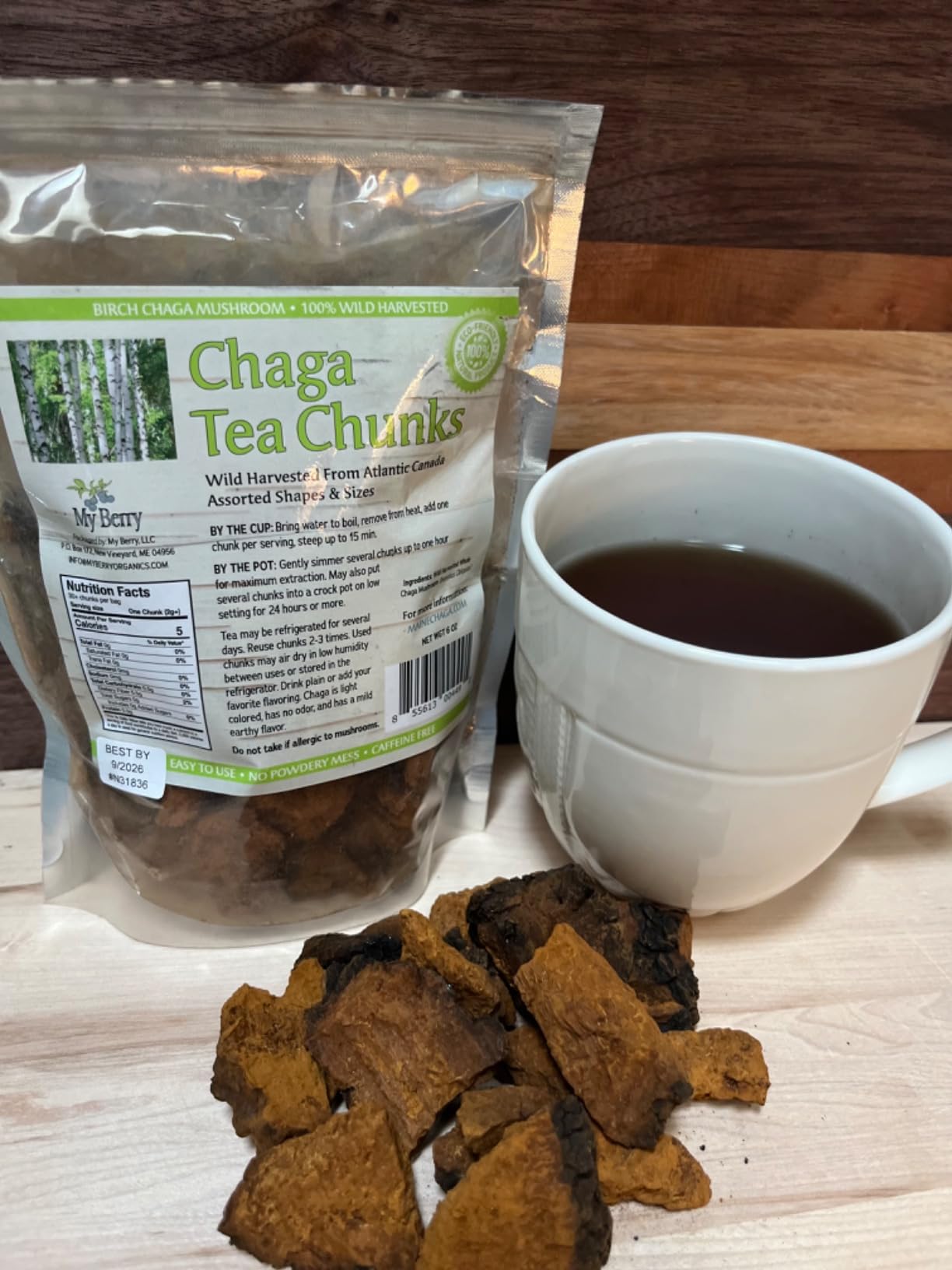 Organic Chaga Mushroom Tea Chunks by My Berry | 100% Canadian Wild-Harvested | Additive-Free Caffeine-Free Herbal Tea | 6oz customer photo 1
