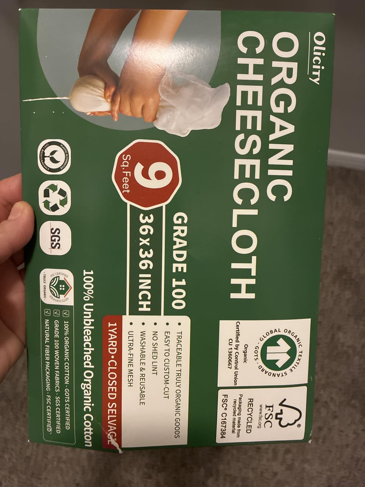 Organic Cheese Cloths, GOTS Certified, Grade 100, 36x36Inch, Reusable Cheese Cloth with Closed Edges Fabric Fine Mesh Cloth, Unbleached Cotton Muslin Cheesecloth for Straining,Cooking,Crafts - 9 Sq.Ft customer photo 2