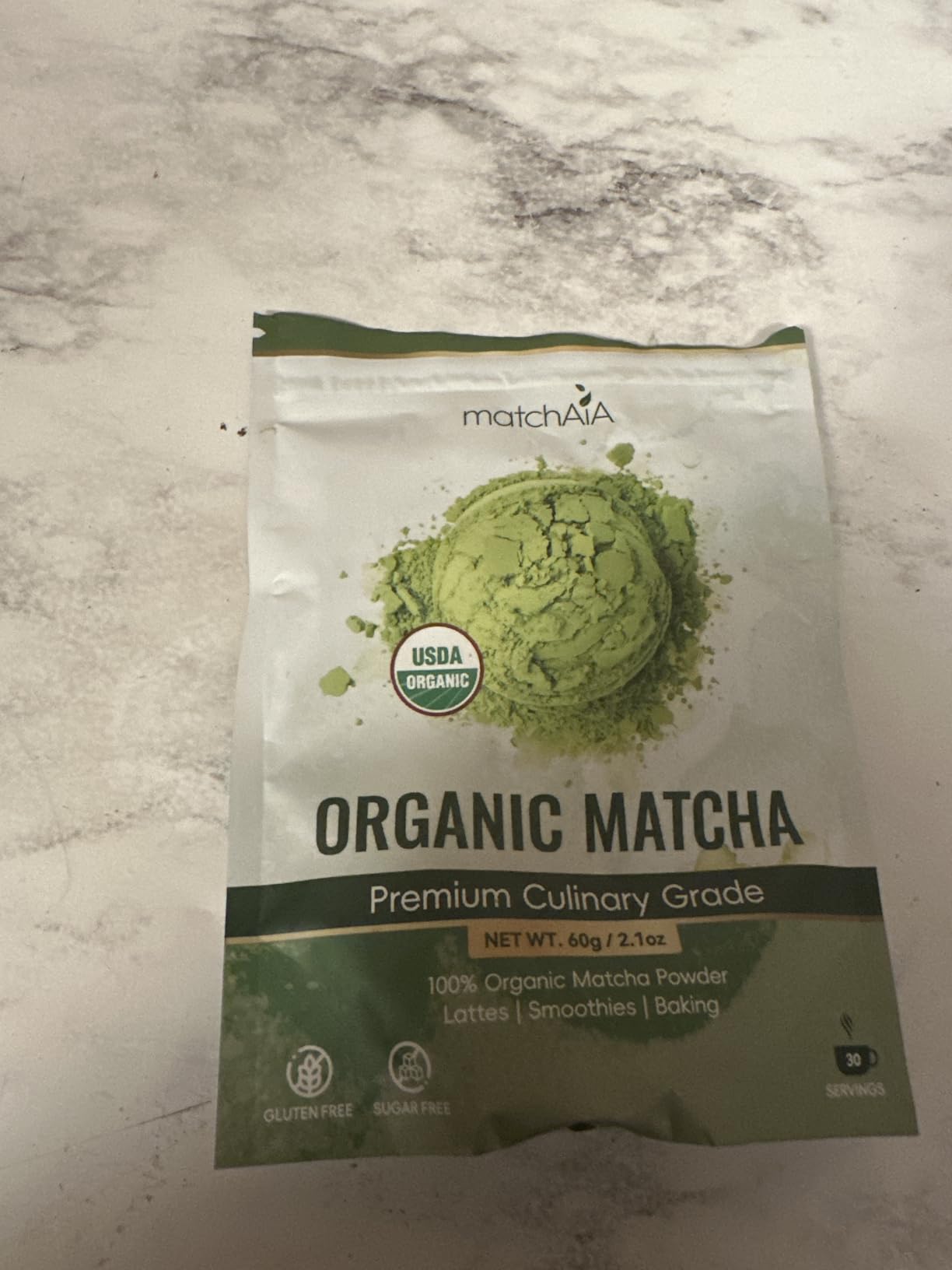 MatchAiA Organic Matcha Green Tea Powder - Premium Culinary Grade, USDA Certified, 100% Pure - Perfect for Lattes, Smoothies, Desserts and Baking - Sugar Free, Gluten Free (60g / 2.1oz Pouch) customer photo 1
