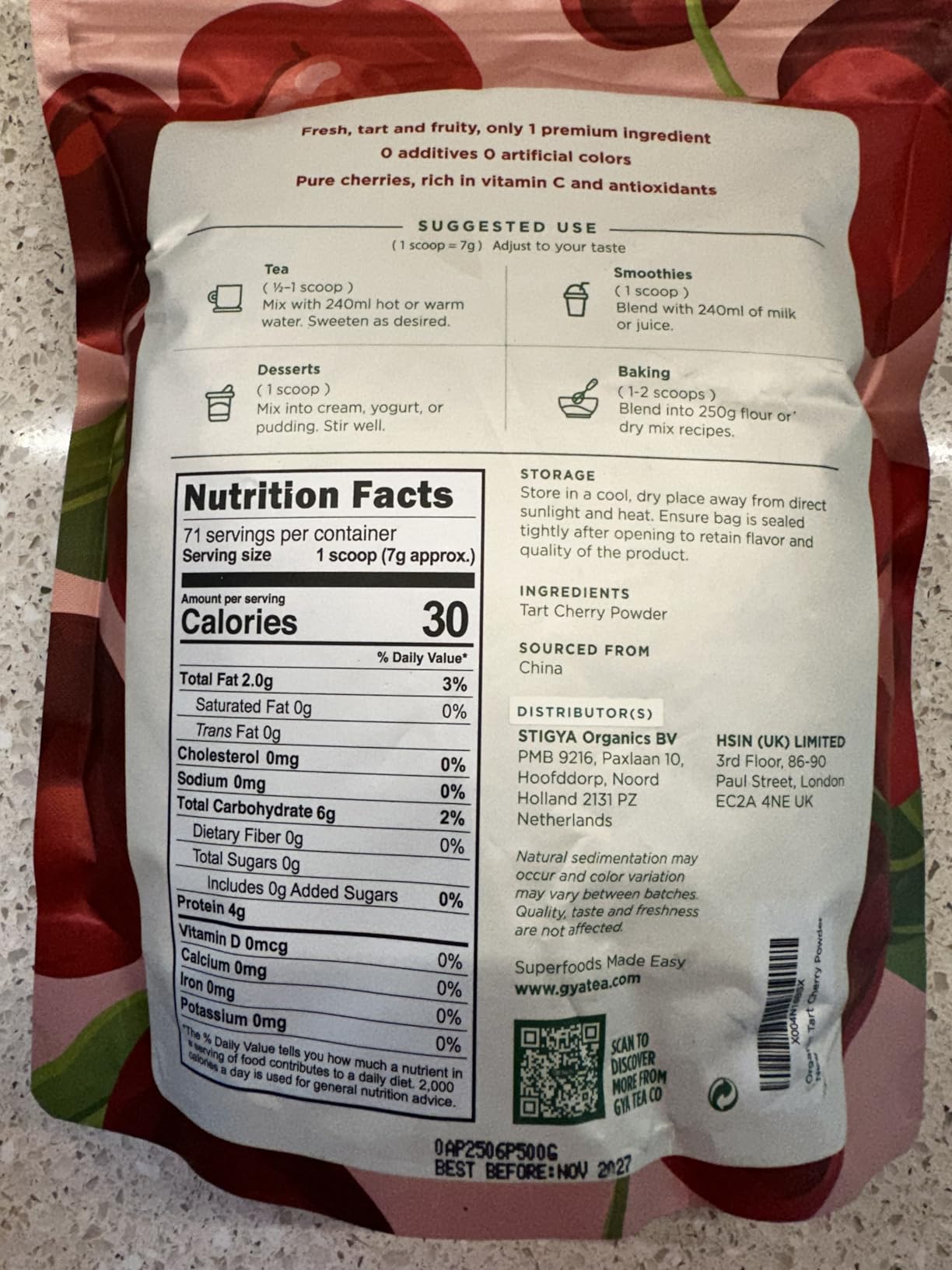 Gya Tea Co Organic Tart Cherry Extract Powder 1.1 lb (17.64 oz) - Superfood for Baking, Tea, Smoothies - Non-GMO, Sugar-Free, Gluten-Free, Vegan Friendly customer photo 2