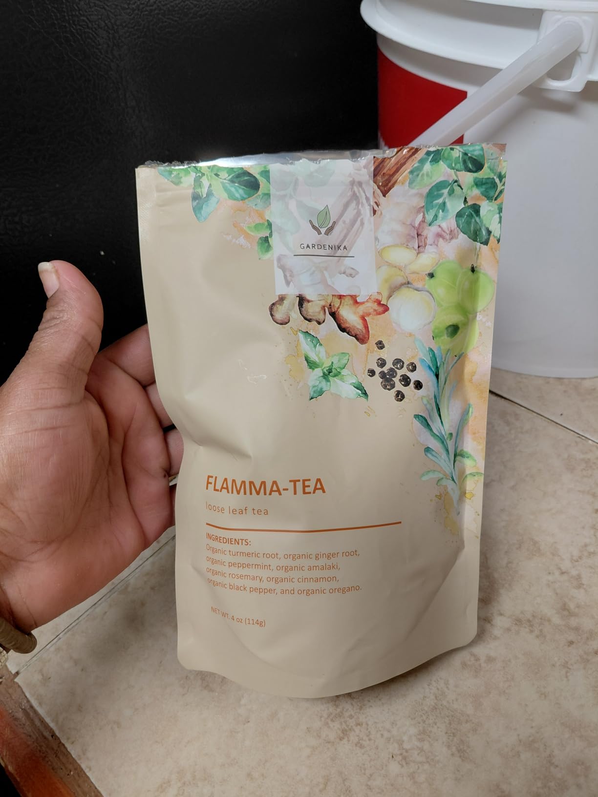 Gardenika Organic Flamma-tea Loose Leaf Tea | Premium Turmeric Ginger Blend with Cinnamon, Peppermint & Black Pepper | 100% Natural, Caffeine Free Herbal Wellness Tea | 4oz (113g) customer photo 1