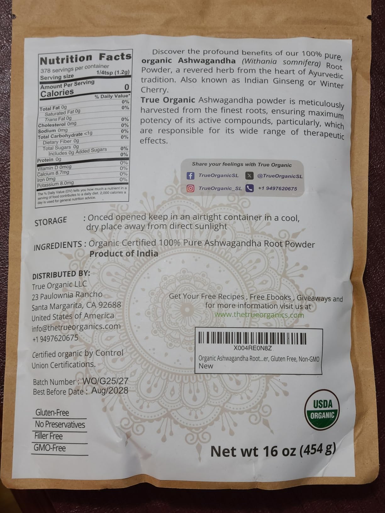 True Organic Ashwagandha Powder 16 oz - USDA Organic Ashwagandha Root Powder | Non-GMO, Gluten Free | Pure Withania Somnifera | Vegan Herbal Powder customer photo 1