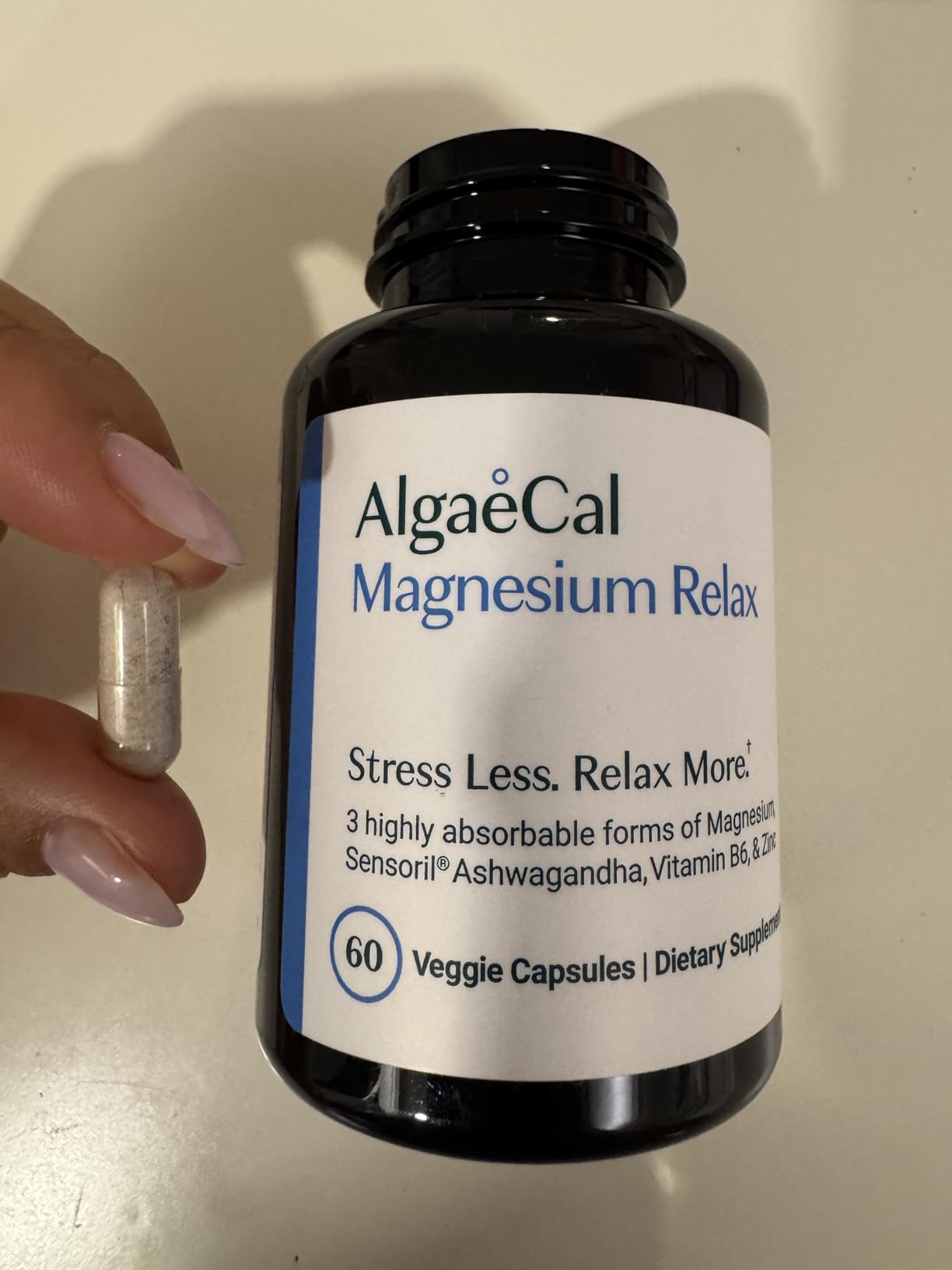 AlgaeCal Magnesium Relax - Chelated Magnesium Glycinate 350mg with Sensoril Ashwagandha, Magnesium Supplement for Sleep & Stress, Cortisol Reducer for Women & Men, 60 Capsules (1 Pack) customer photo 1