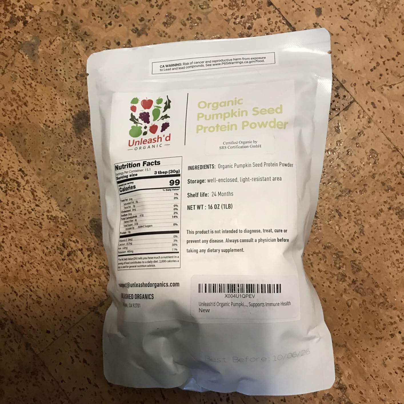 Unleash'd Organic Pumpkin Seed Protein Powder 16oz - Vegan, Non-GMO, Plant-Based Protein, No Artificial Sweeteners, Supports Immune Health customer photo 1