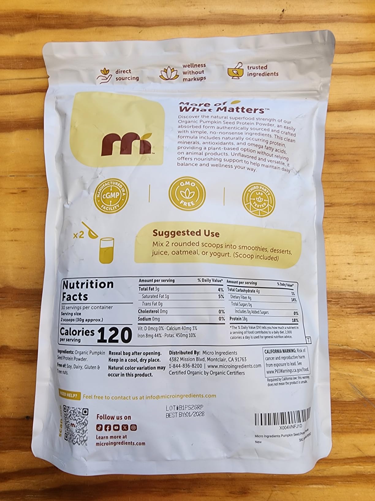 Micro Ingredients Organic Pumpkin Seed Protein Powder, 2lb | Raw Plant-Based Protein | Single-Ingredient Powder | Smooth Texture & Versatile Use | Non-GMO, Soy Free customer photo 1
