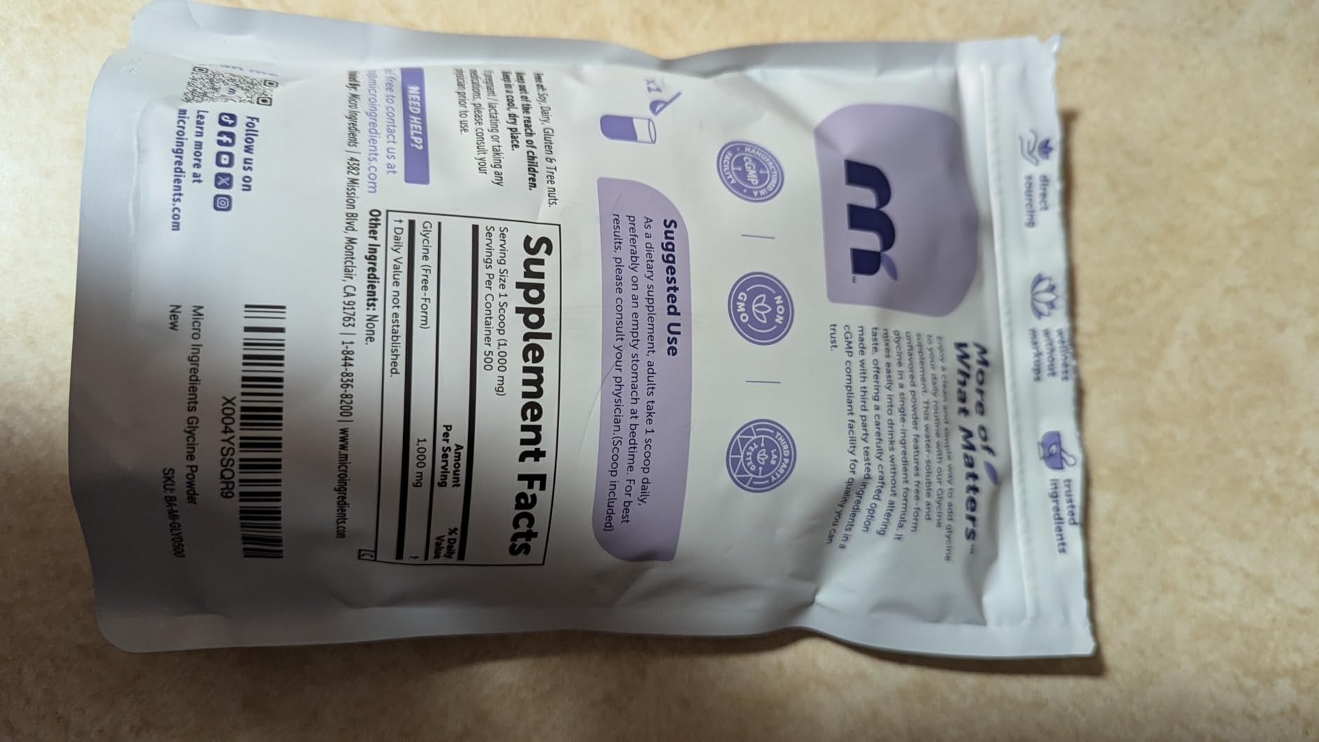 Micro Ingredients Glycine Powder, 500 g (1.1 Pounds), Glycine 1000mg Per Serving, Water Soluble customer photo 1
