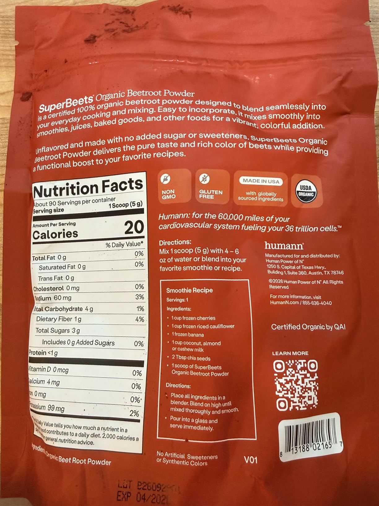 Humann SuperBeets USDA Organic Beet Root Powder, Raw, Easy to Mix, Non-GMO Beetroot Supplement Powder Superfood, Unflavored, 90 Servings customer photo 2