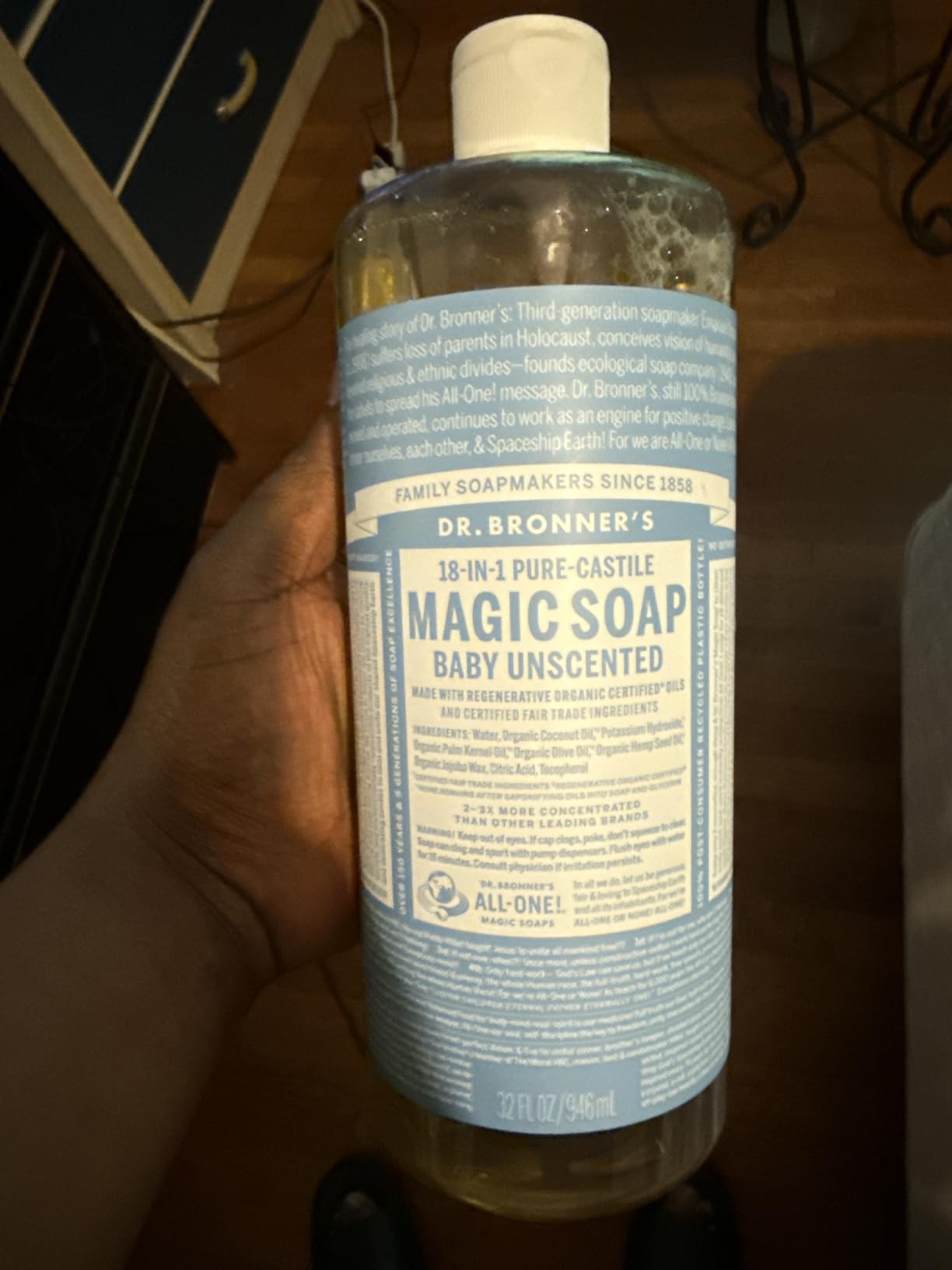 Dr. Bronner's Pure-Castile Magic Soap Liquid (Baby Unscented, 32 Ounce) - Made with Regenerative Organic Certified Oils - For Sensitive Skin, Babies, Face, Hair, Laundry, Dishes, Hand Soap & Body Wash customer photo 1